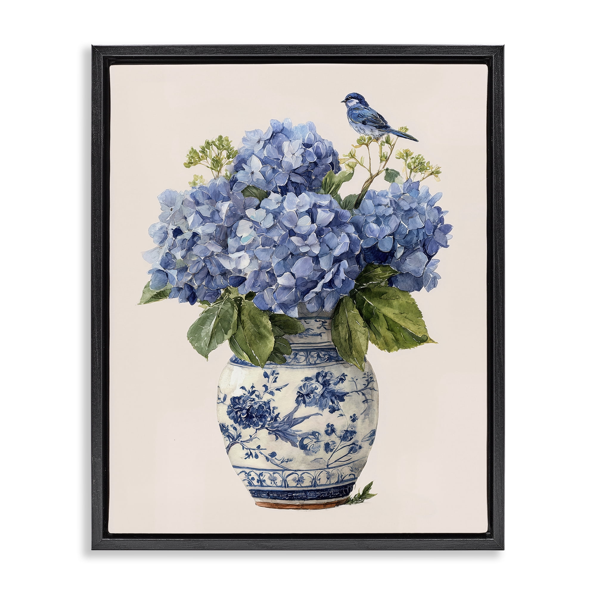 Stupell Industries Songbird Perched on Hydrangeas Black Framed Floater Canvas Wall Art, design by Imagine It Images