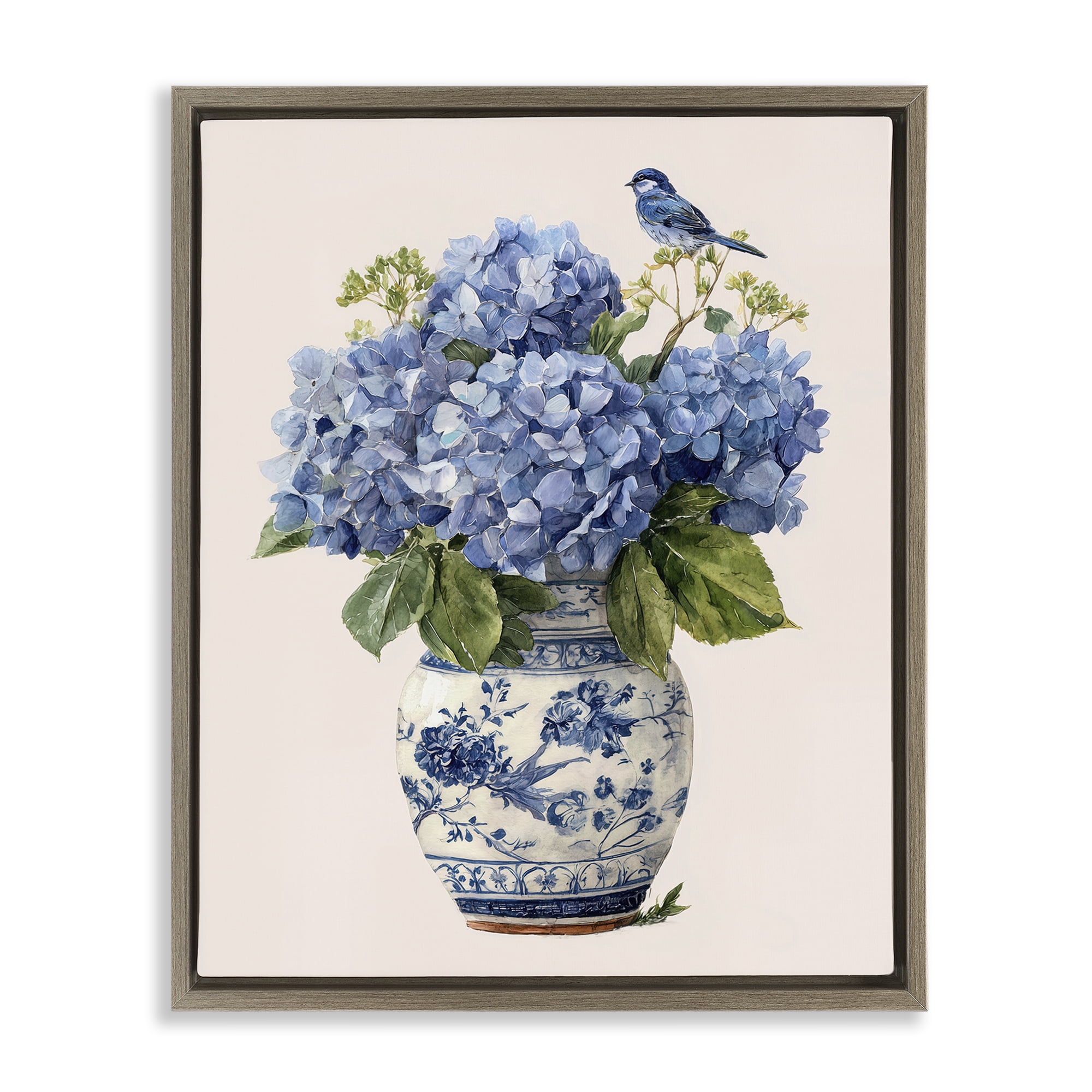 Stupell Industries Songbird Perched on Hydrangeas Brown Framed Floater Canvas Wall Art, design by Imagine It Images