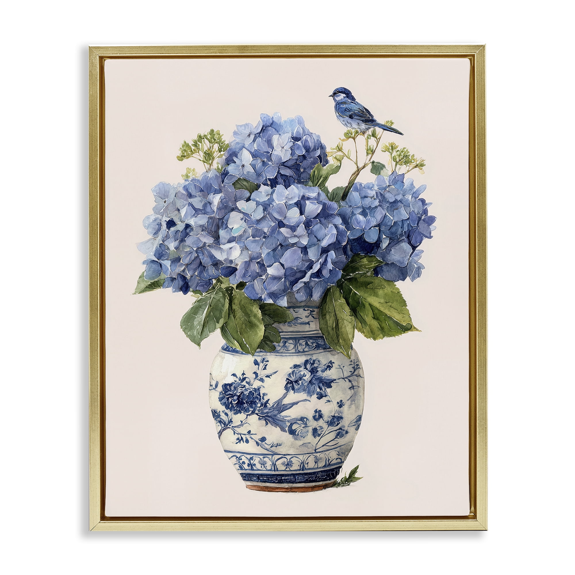 Stupell Industries Songbird Perched on Hydrangeas Gold Framed Floater Canvas Wall Art, design by Imagine It Images