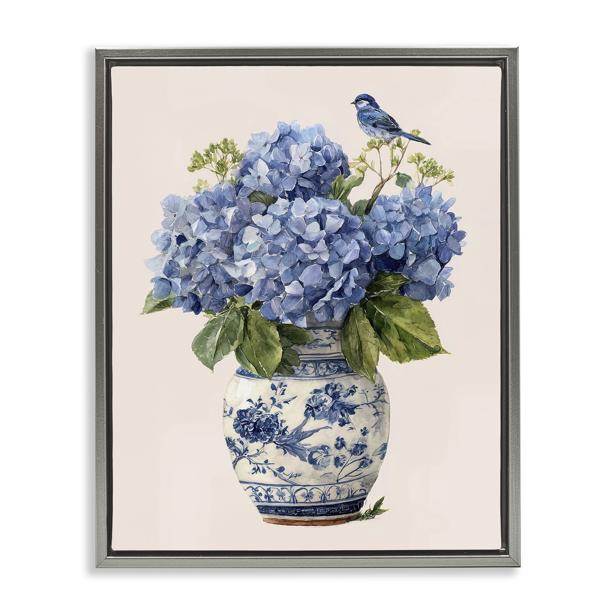 Stupell Industries Songbird Perched on Hydrangeas Gray Framed Floater Canvas Wall Art, design by Imagine It Images