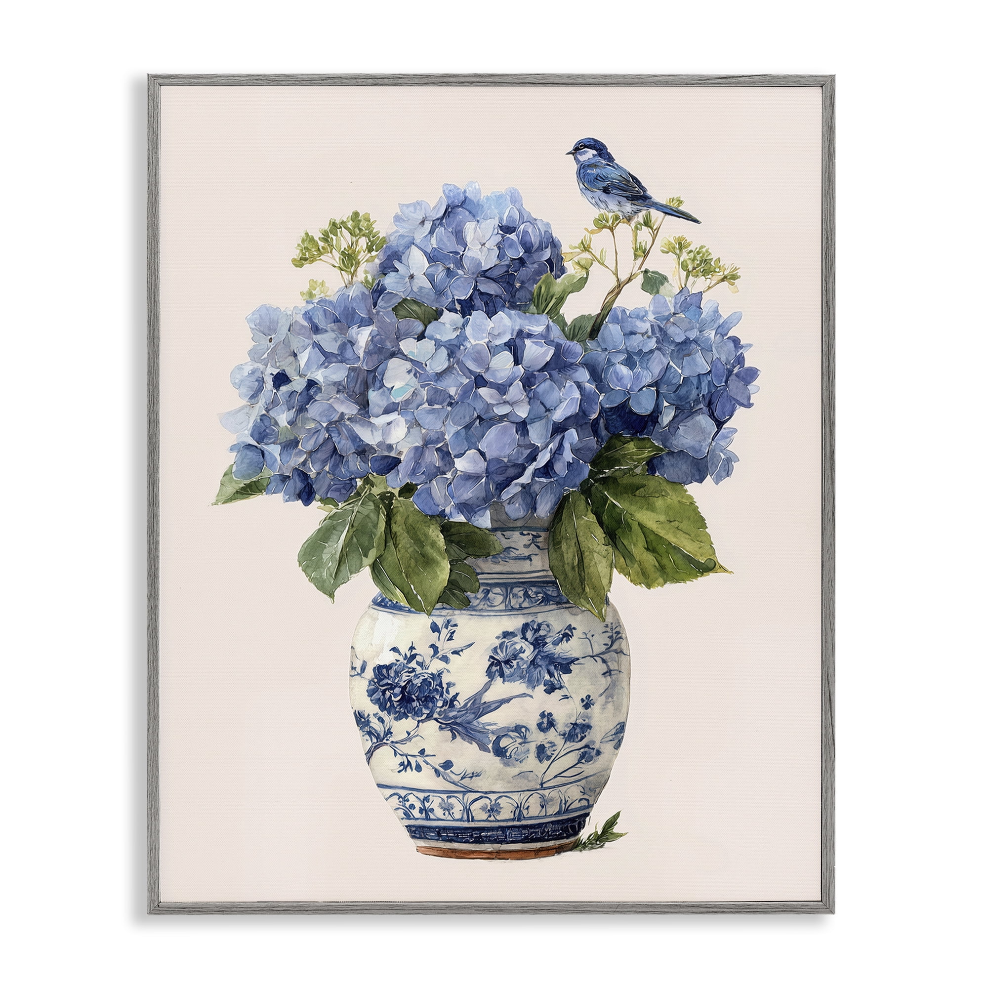 Stupell Industries Songbird Perched on Hydrangeas Gray Framed Giclee Art, design by Imagine It Images