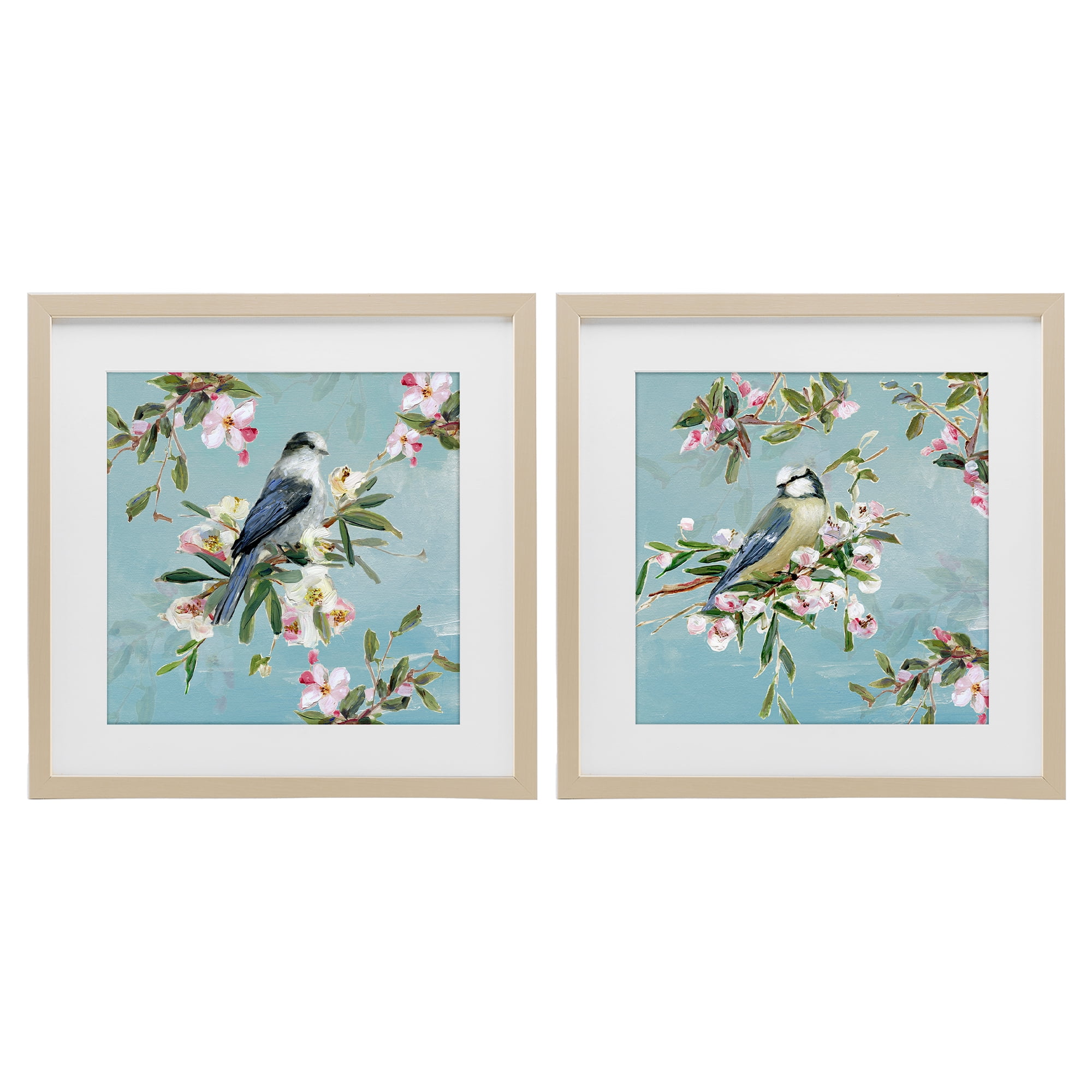 Stupell Industries Songbirds Among Spring Blossoms 2 Piece Birch Framed Print Under Glass Set, design by Sally Swatland