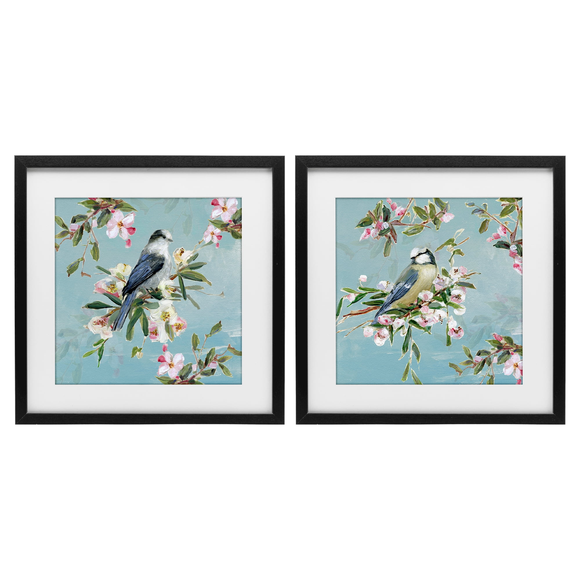 Stupell Industries Songbirds Among Spring Blossoms 2 Piece Black Framed Print Under Glass Set, design by Sally Swatland