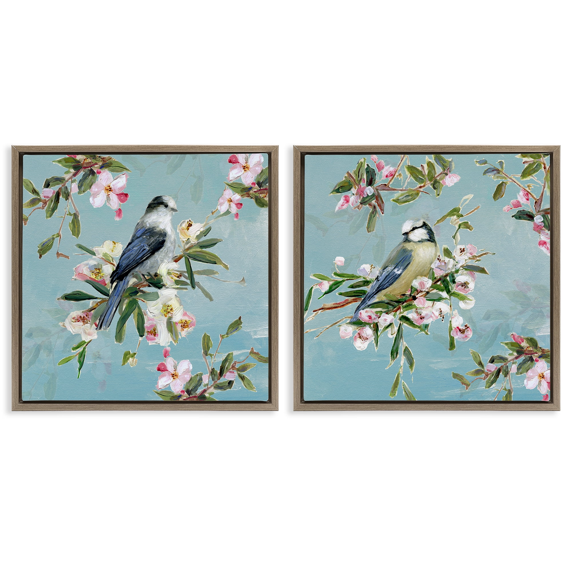 Stupell Industries Songbirds Among Spring Blossoms 2 Piece Brown Framed Floater Canvas Set, design by Sally Swatland