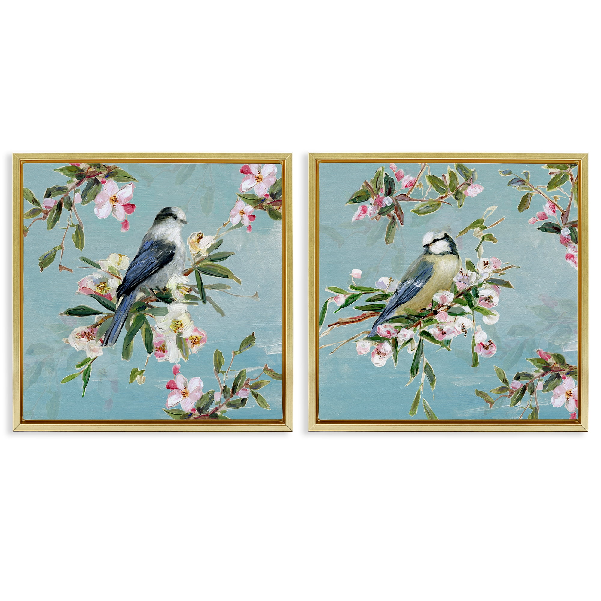 Stupell Industries Songbirds Among Spring Blossoms 2 Piece Gold Framed Floater Canvas Set, design by Sally Swatland