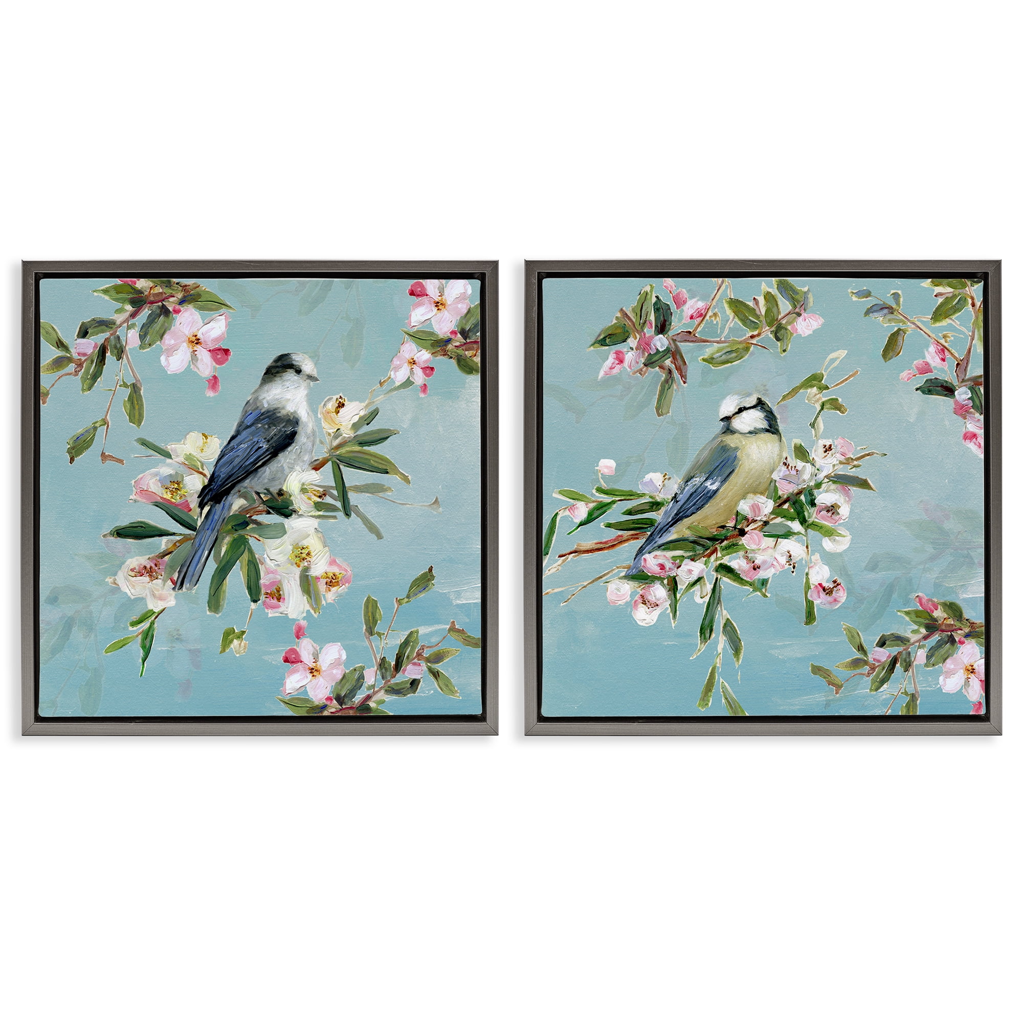 Stupell Industries Songbirds Among Spring Blossoms 2 Piece Gray Framed Floater Canvas Set, design by Sally Swatland