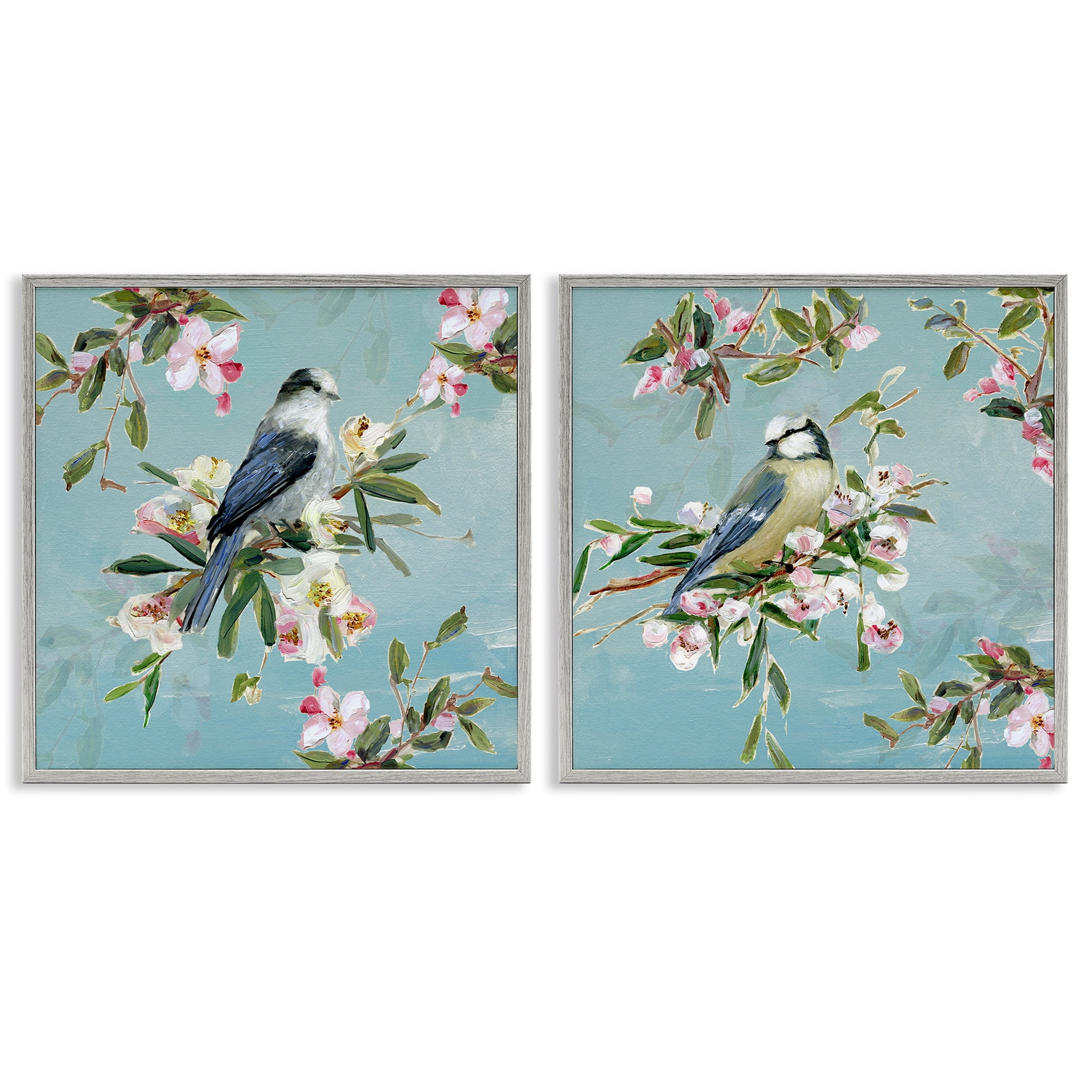 Stupell Industries Songbirds Among Spring Blossoms 2 Piece Gray Framed Giclee Art Set, design by Sally Swatland
