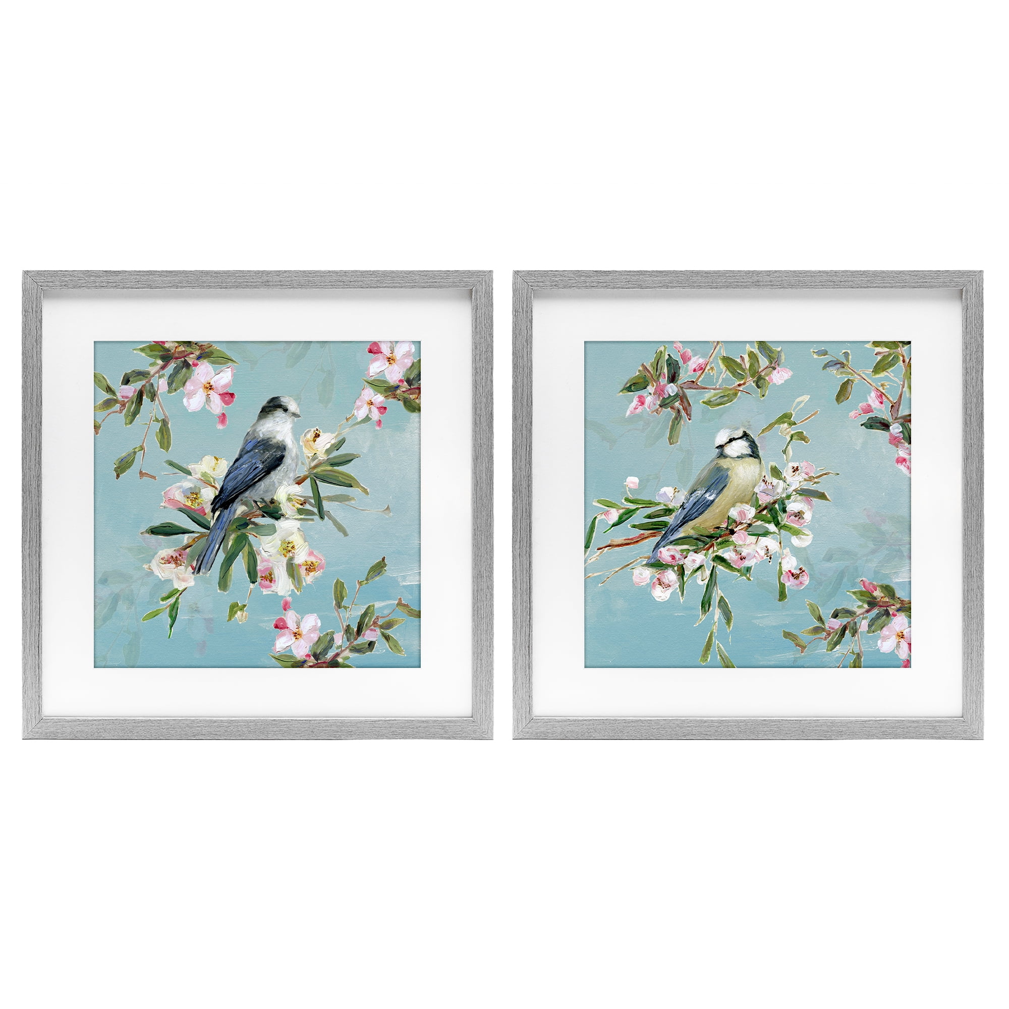 Stupell Industries Songbirds Among Spring Blossoms 2 Piece Gray Framed Print Under Glass Set, design by Sally Swatland
