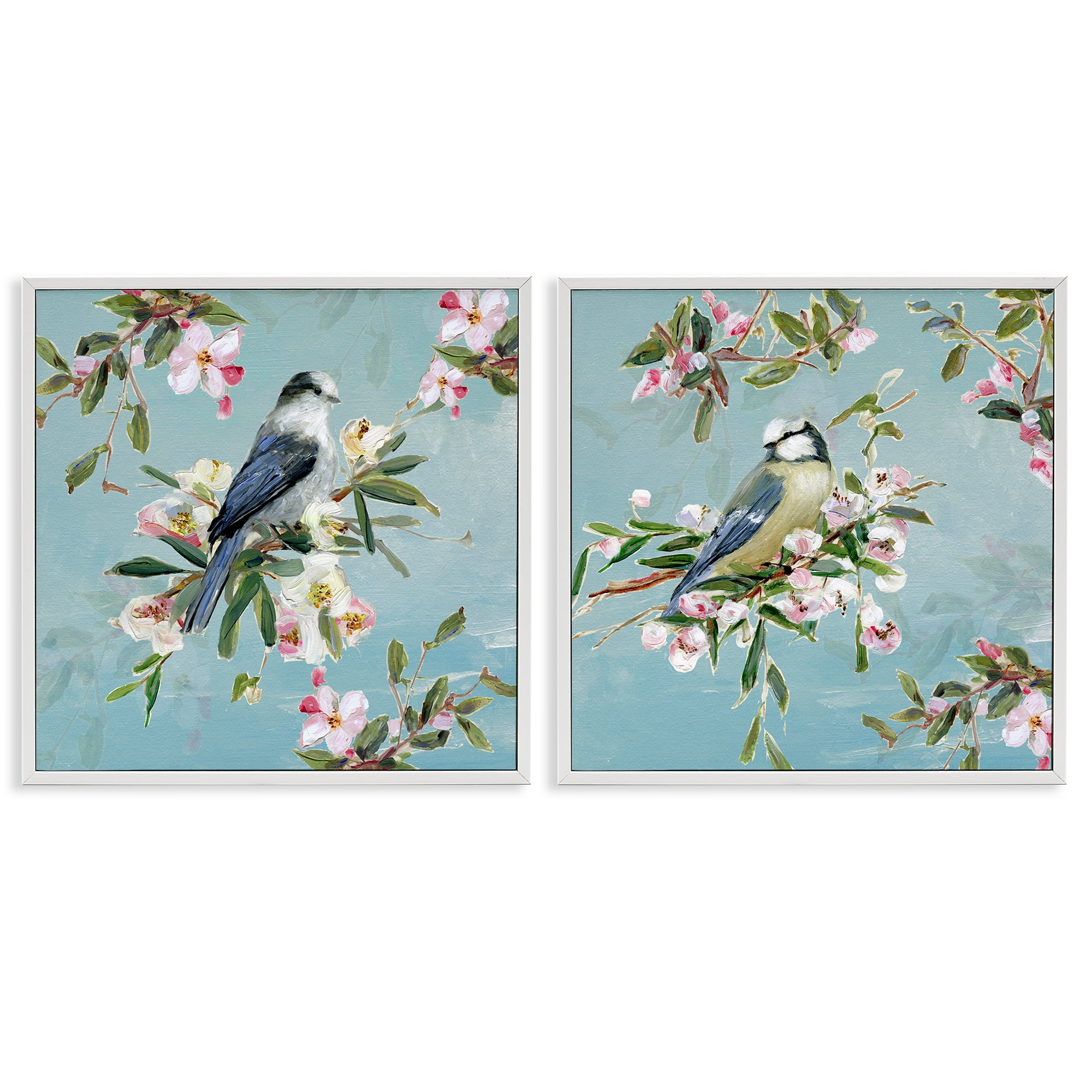 Stupell Industries Songbirds Among Spring Blossoms 2 Piece White Framed Giclee Art Set, design by Sally Swatland