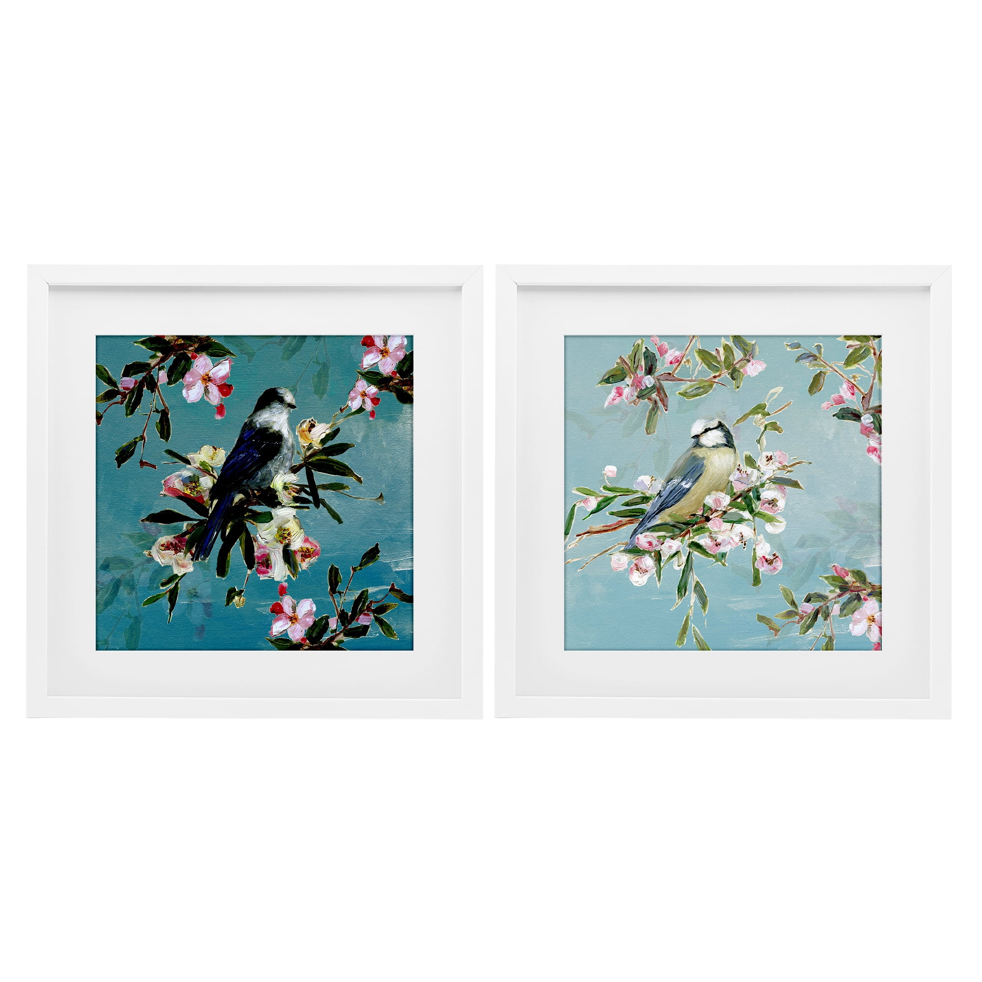 Stupell Industries Songbirds Among Spring Blossoms 2 Piece White Framed Print Under Glass Set, design by Sally Swatland