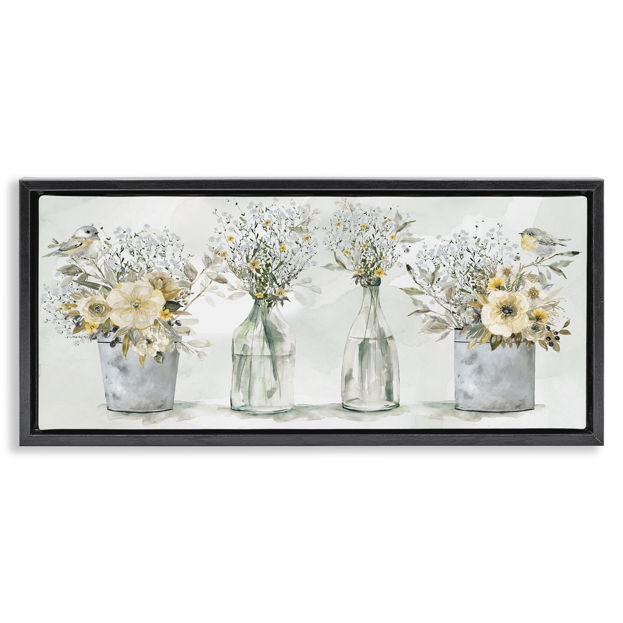 Stupell Industries Songbirds with Floral Bouquets Botanical & Floral Painting Black Floater Framed Canvas Art Print Wall Art, 25 x 11