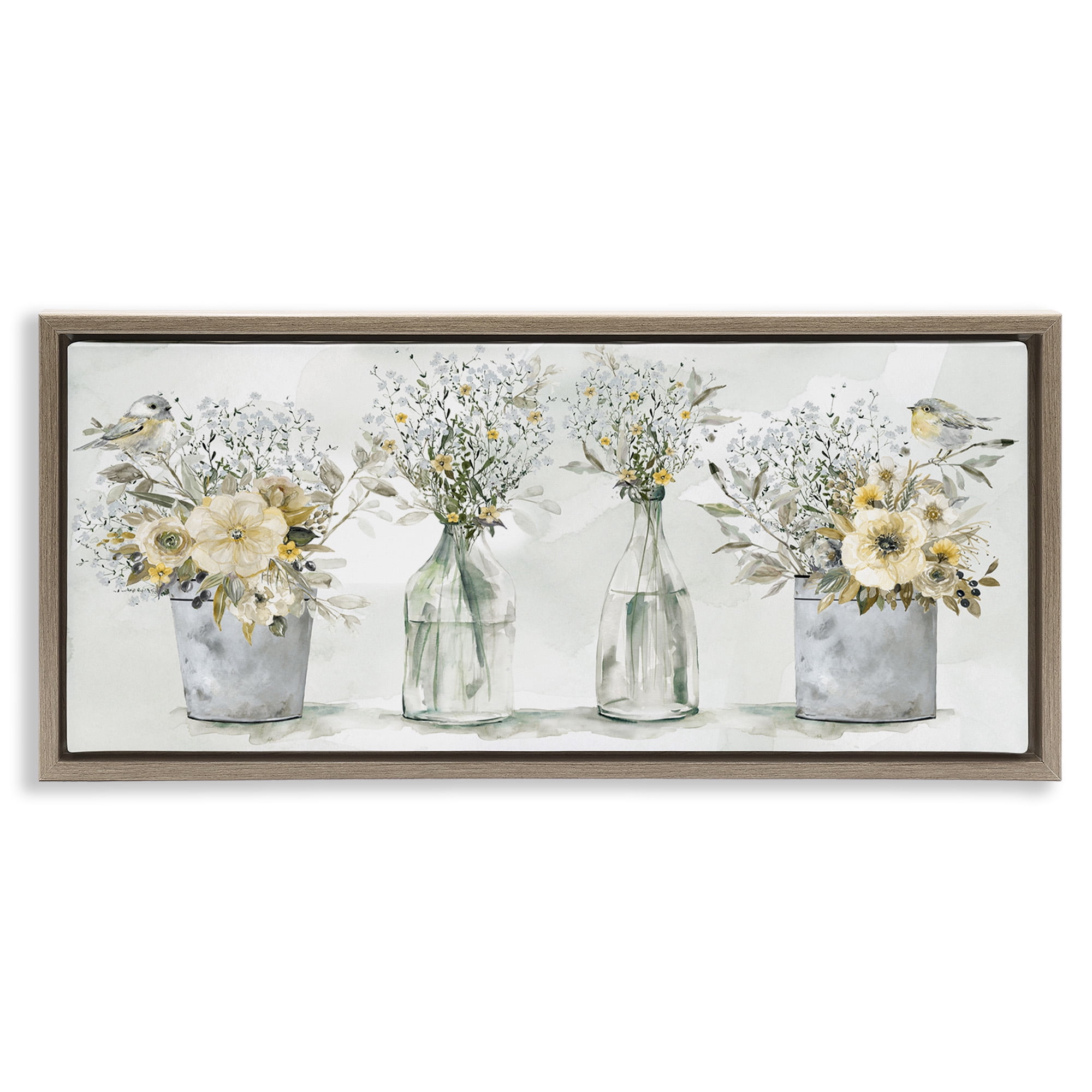 Stupell Industries Songbirds with Floral Bouquets Botanical & Floral Painting Brown Floater Framed Canvas Art Print Wall Art, 31 x 14