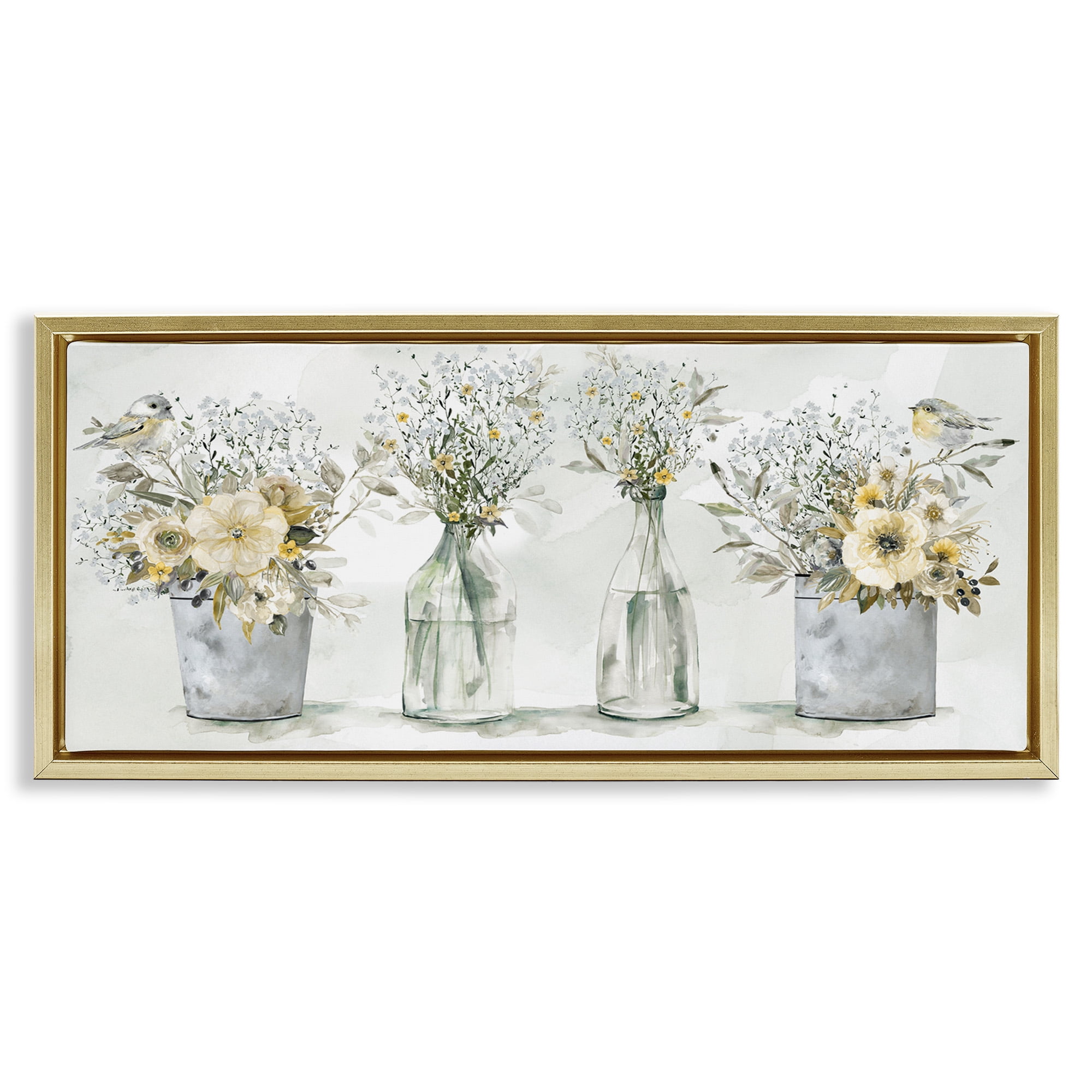 Stupell Industries Songbirds with Floral Bouquets Botanical & Floral Painting Gold Floater Framed Canvas Art Print Wall Art, 25 x 11
