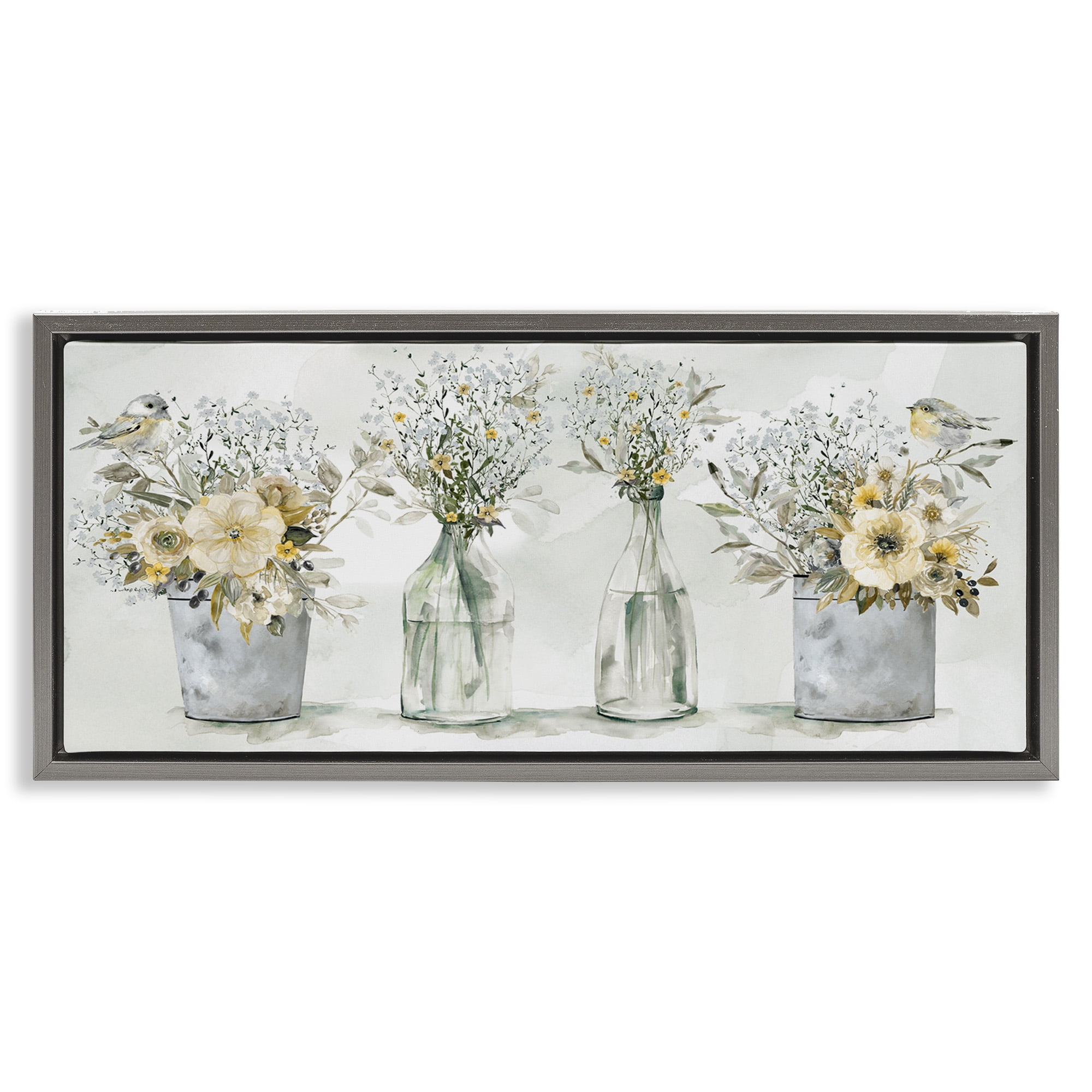Stupell Industries Songbirds with Floral Bouquets Botanical & Floral Painting Gray Floater Framed Canvas Art Print Wall Art, 25 x 11