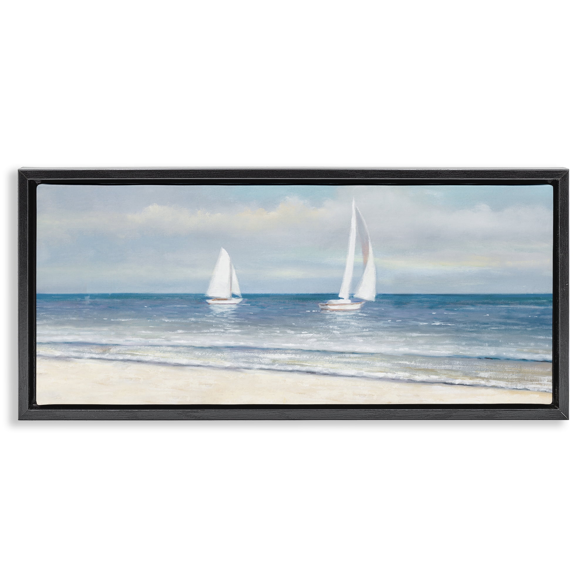 Stupell Industries Sooth Sailboats View Nautical & Beach Painting Black Floater Framed Canvas Art Print Wall Art, 31 x 14
