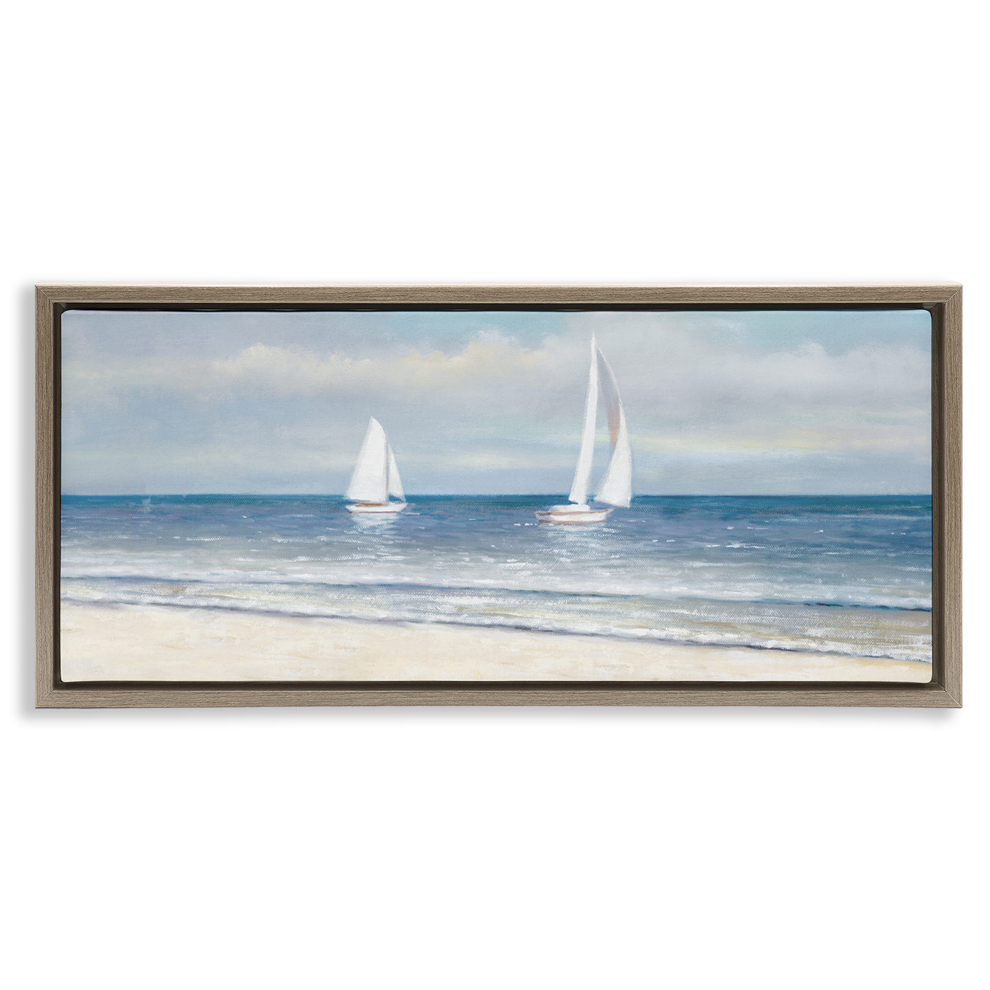 Stupell Industries Sooth Sailboats View Nautical & Beach Painting Brown Floater Framed Canvas Art Print Wall Art, 31 x 14