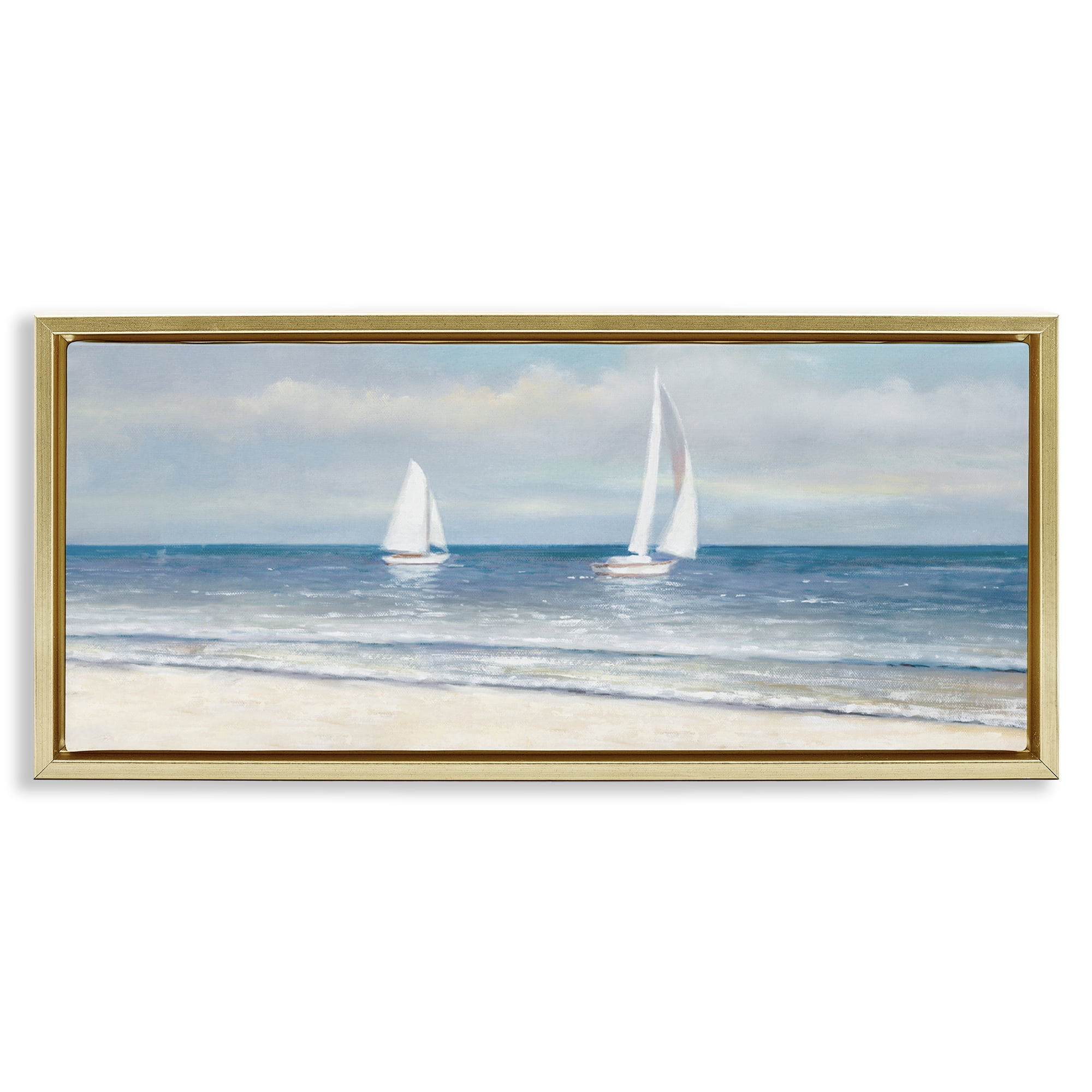 Stupell Industries Sooth Sailboats View Nautical & Beach Painting Gold Floater Framed Canvas Art Print Wall Art, 31 x 14