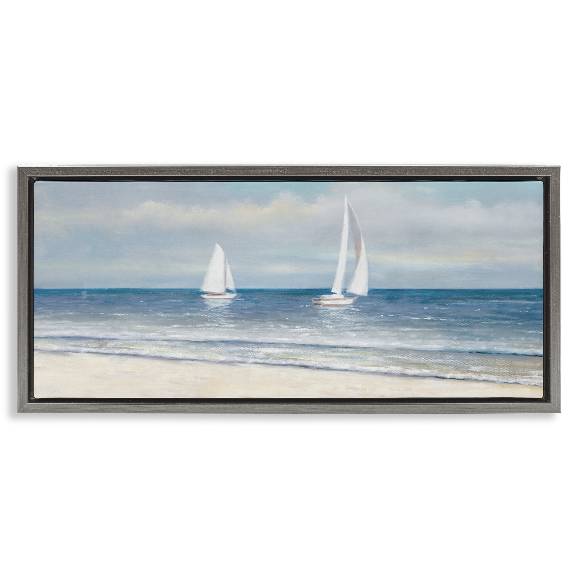 Stupell Industries Sooth Sailboats View Nautical & Beach Painting Gray Floater Framed Canvas Art Print Wall Art, 25 x 11