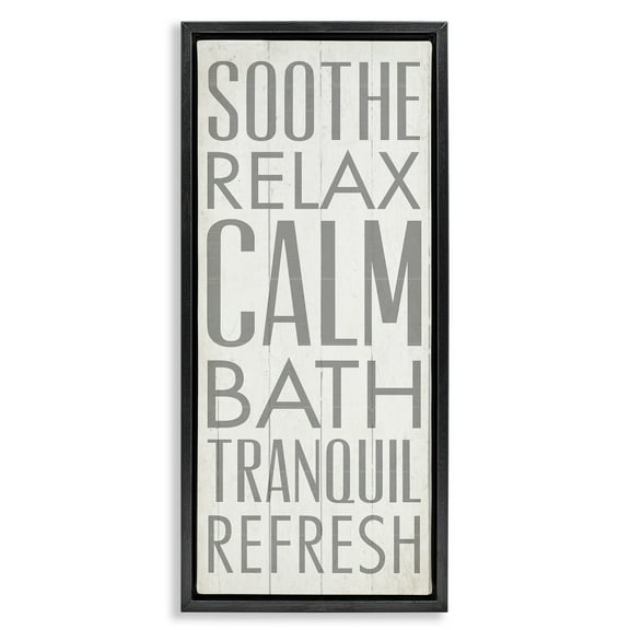 Stupell Industries Soothe Calm Relax Bath Bathroom Typography Painting Black Floater Framed Canvas Art Print Wall Art, 11 x 25