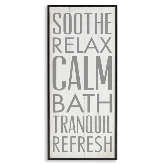 Stupell Industries Soothe Calm Relax Bath Bathroom Typography Painting Black Framed Art Print Wall Art, 13 x 30
