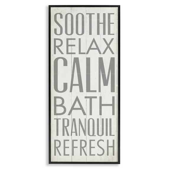 Stupell Industries Soothe Calm Relax Bath Bathroom Typography Painting Black Framed Art Print Wall Art, 13 x 30