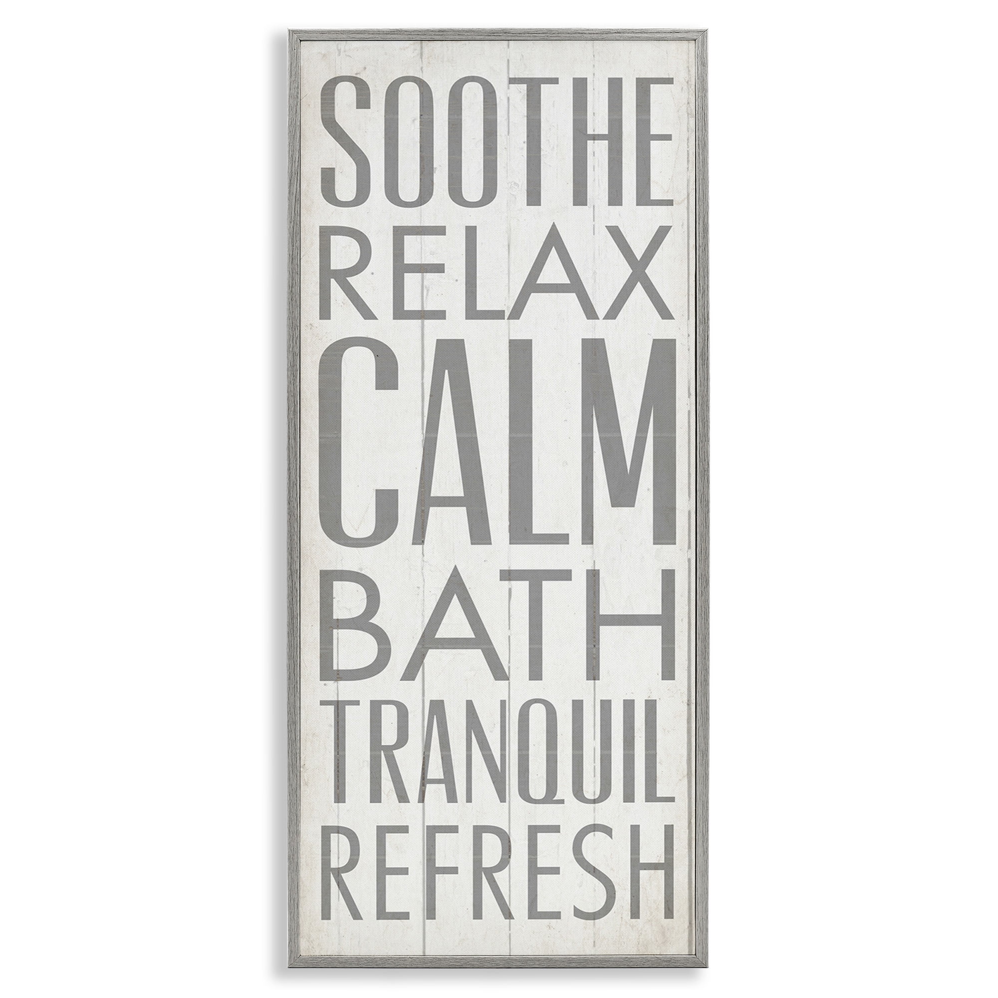 Stupell Industries Soothe Calm Relax Bath Bathroom Typography Painting Gray Framed Art Print Wall Art, 10 x 24