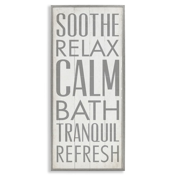 Stupell Industries Soothe Calm Relax Bath Bathroom Typography Painting Gray Framed Art Print Wall Art, 10 x 24