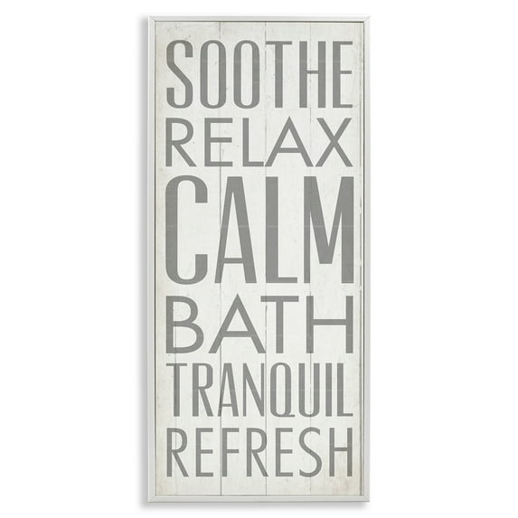 Stupell Industries Soothe Calm Relax Bath Bathroom Typography Painting White Framed Art Print Wall Art, 10 x 24