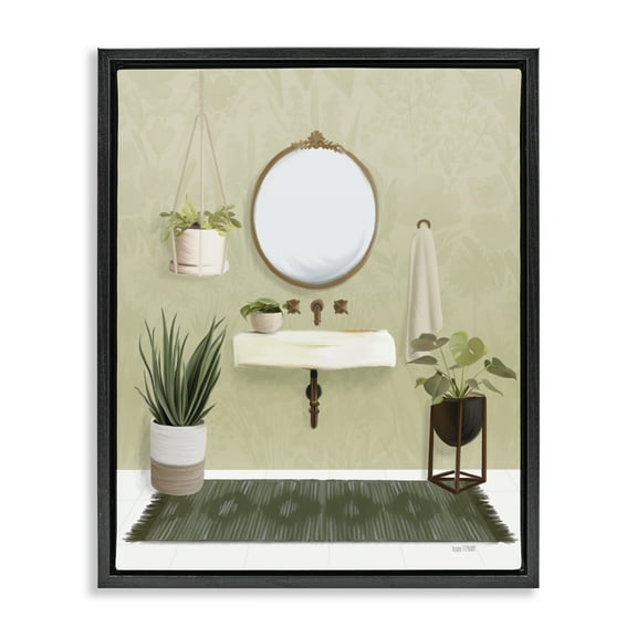 Stupell Industries Soothing Bathroom with Plants Bath & Laundry Painting Black Floater Framed Canvas Art Print Wall Art, 17 x 21