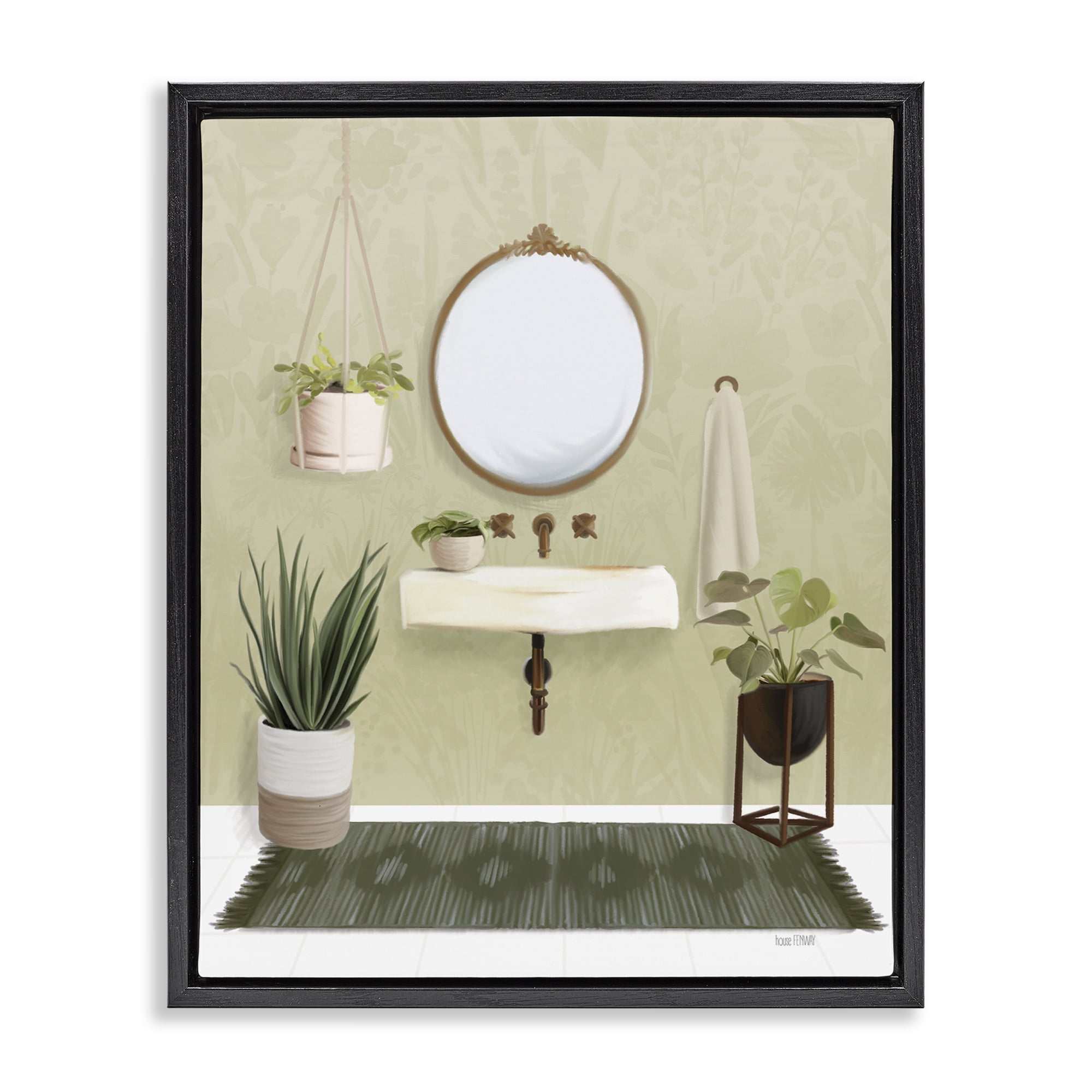 Stupell Industries Soothing Bathroom with Plants Bath & Laundry Painting Black Floater Framed Canvas Art Print Wall Art, 25 x 31