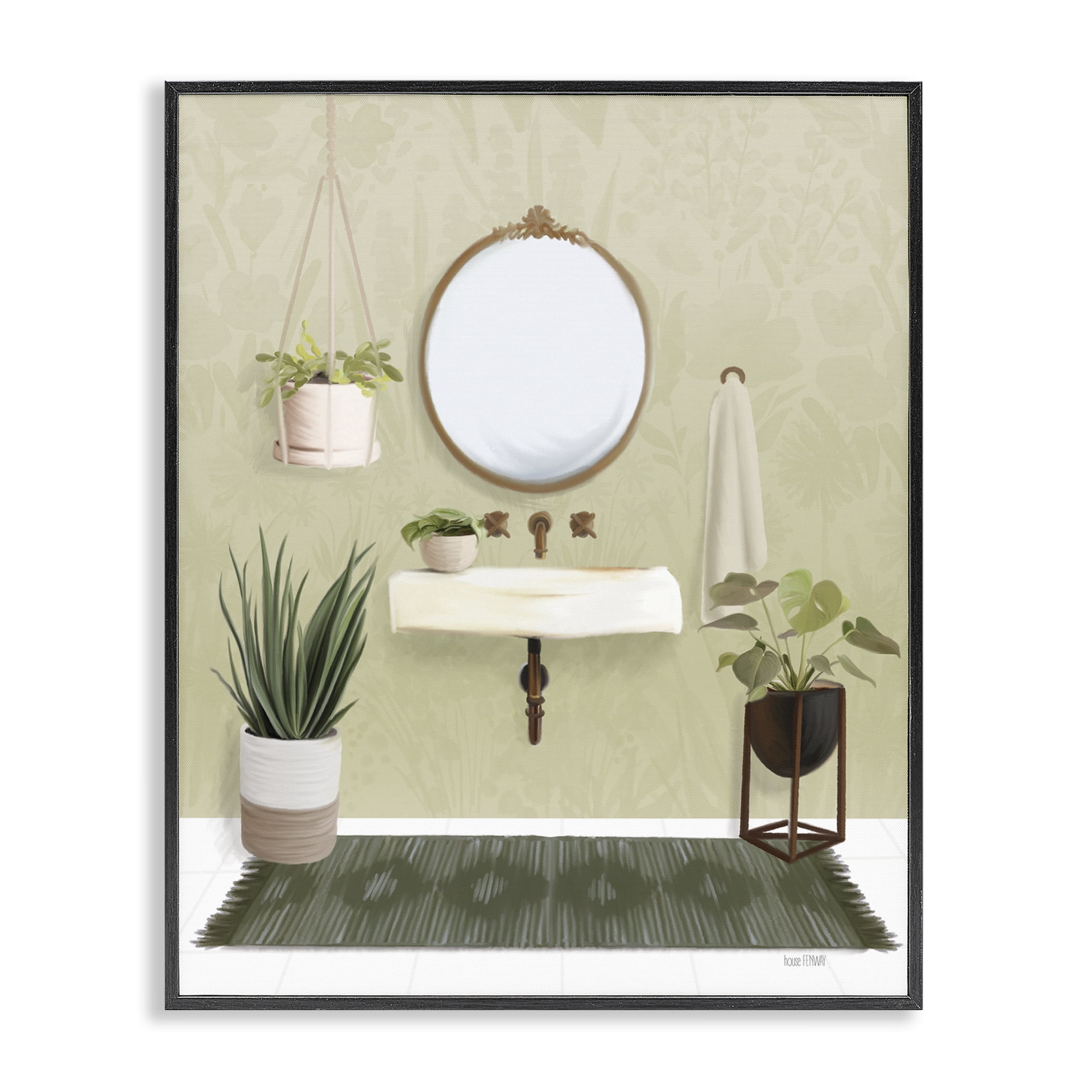 Stupell Industries Soothing Bathroom with Plants Bath & Laundry Painting Black Framed Art Print Wall Art, 16 x 20