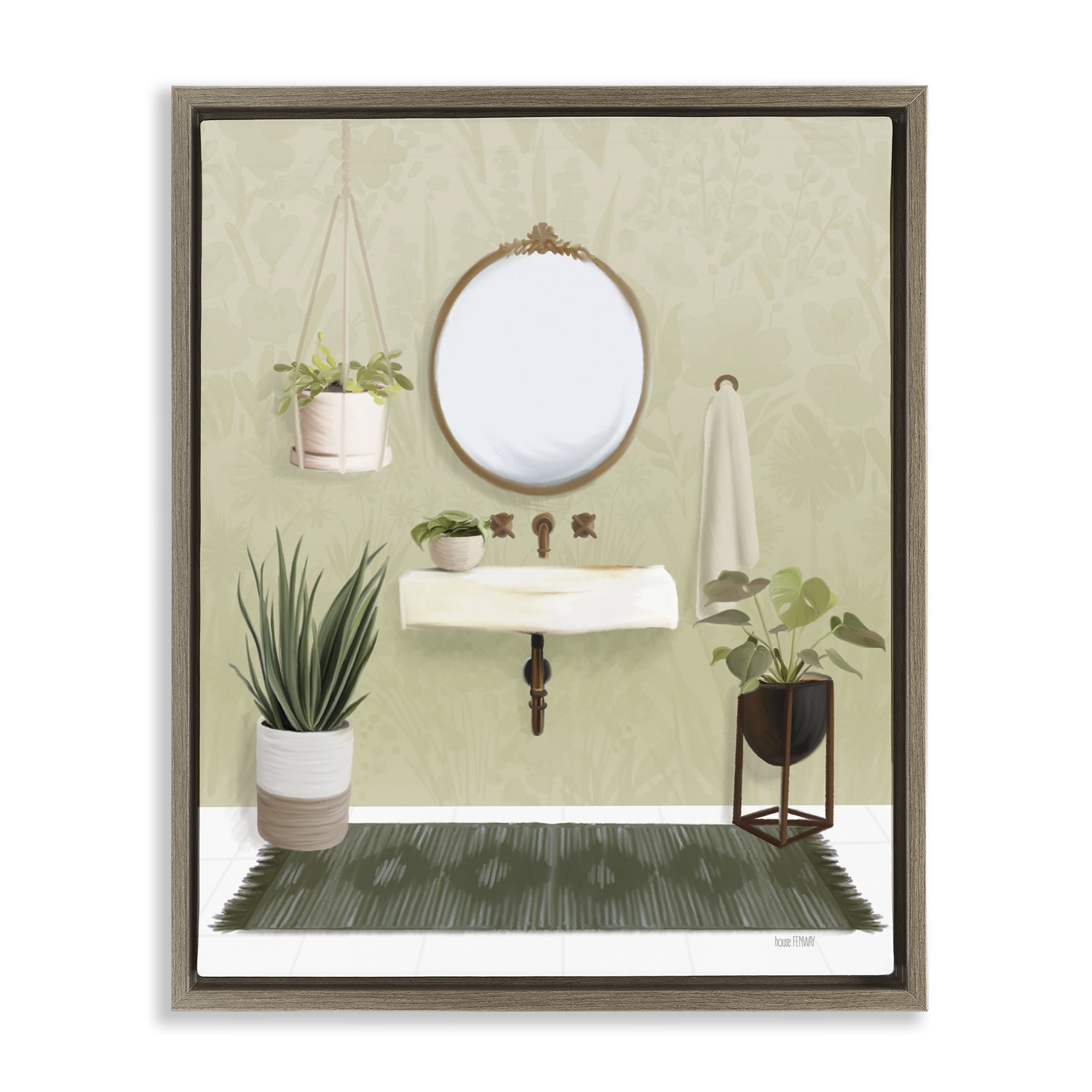 Stupell Industries Soothing Bathroom with Plants Bath & Laundry Painting Brown Floater Framed Canvas Art Print Wall Art, 17 x 21
