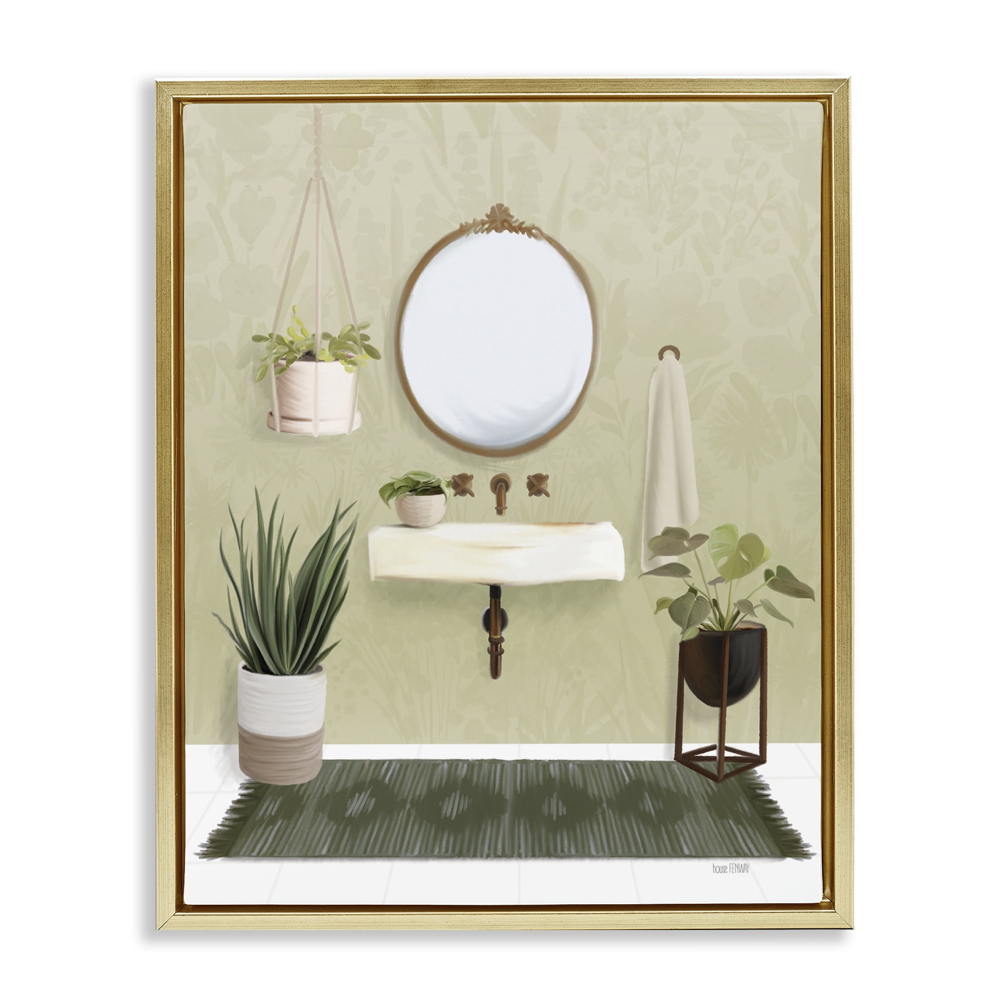 Stupell Industries Soothing Bathroom with Plants Bath & Laundry Painting Gold Floater Framed Canvas Art Print Wall Art, 17 x 21