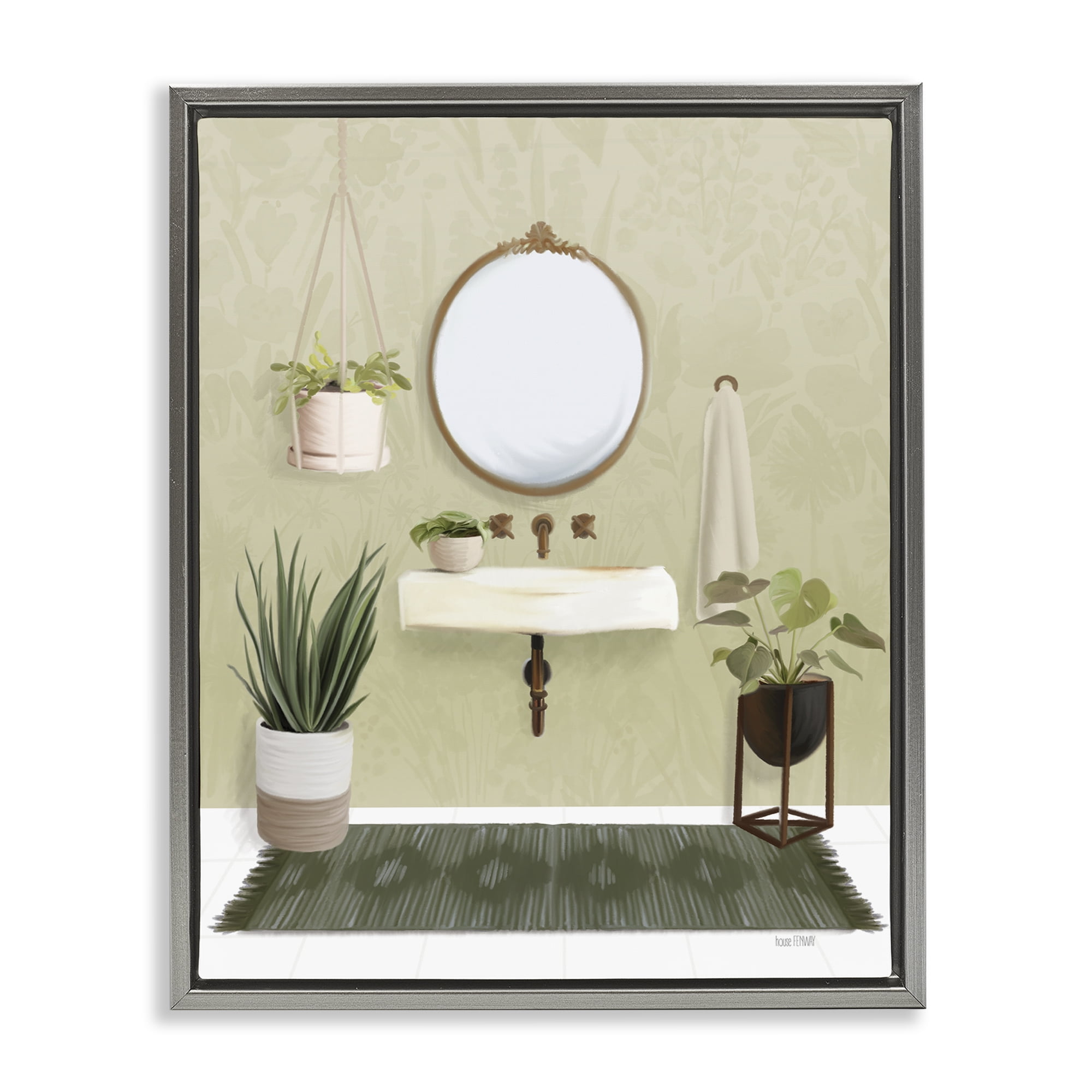 Stupell Industries Soothing Bathroom with Plants Bath & Laundry Painting Gray Floater Framed Canvas Art Print Wall Art, 25 x 31
