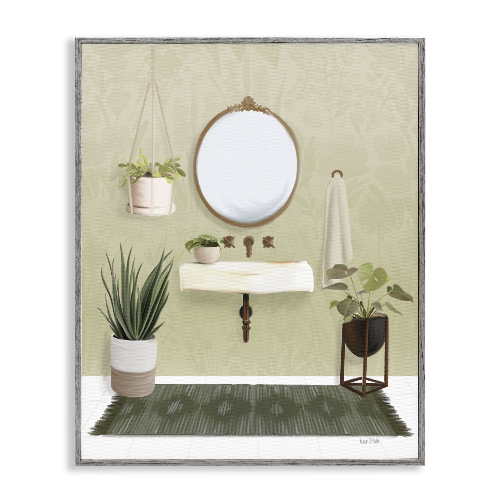 Stupell Industries Soothing Bathroom with Plants Bath & Laundry Painting Gray Framed Art Print Wall Art, 24 x 30