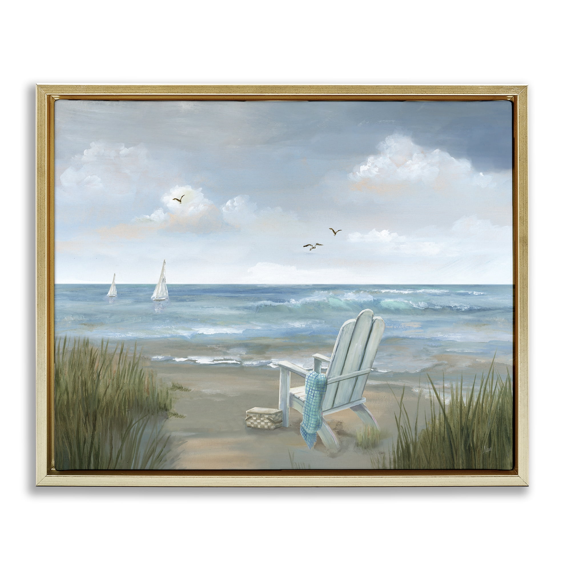 Stupell Industries Soothing Beach Scenery Nautical & Beach Painting Gold Floater Framed Canvas Art Print Wall Art, 21 x 17