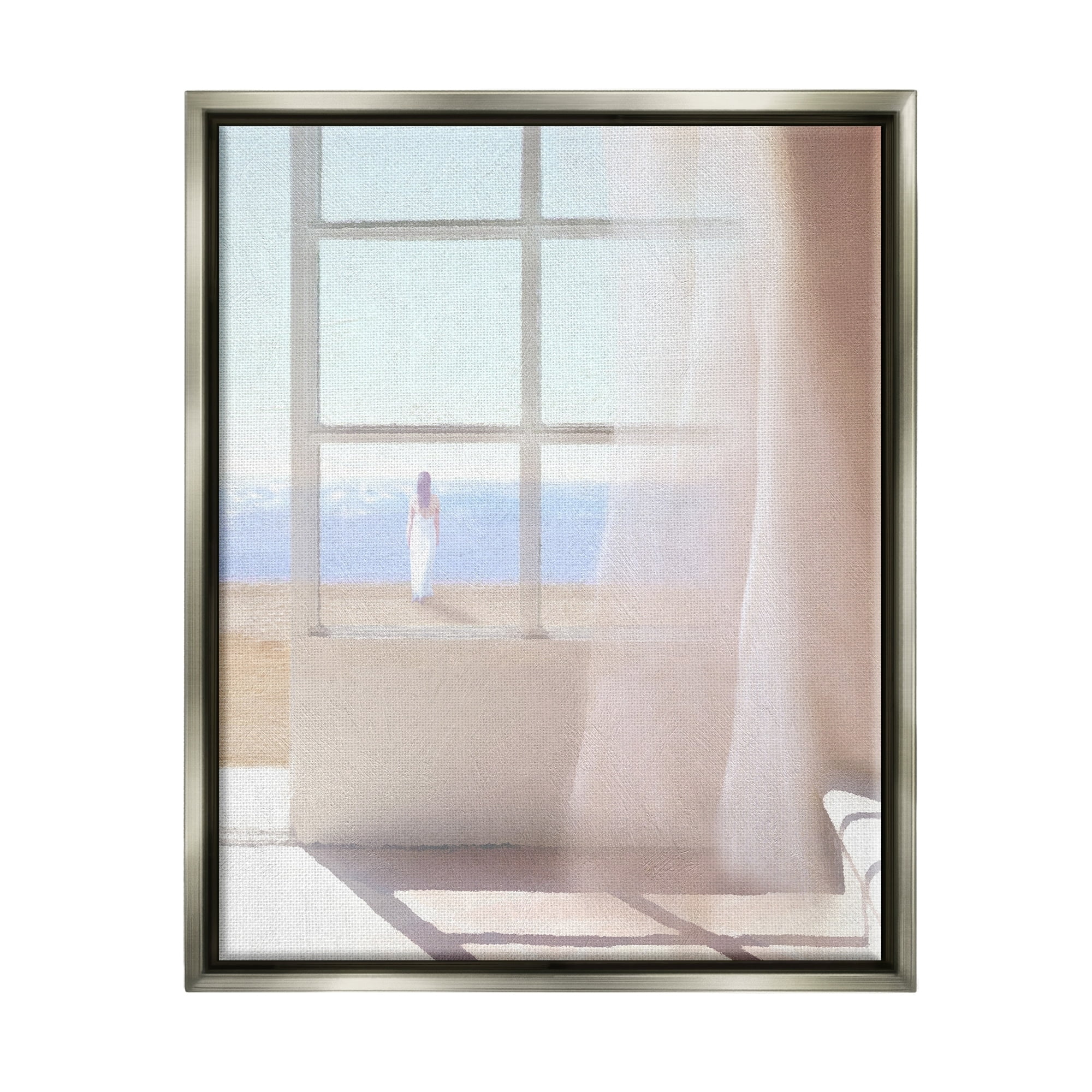 Stupell Industries Soothing Beach Sunlight Woman Waiting Shoreline Window Painting Luster Gray Floating Framed Canvas Print Wall Art, Design by Noah Bay