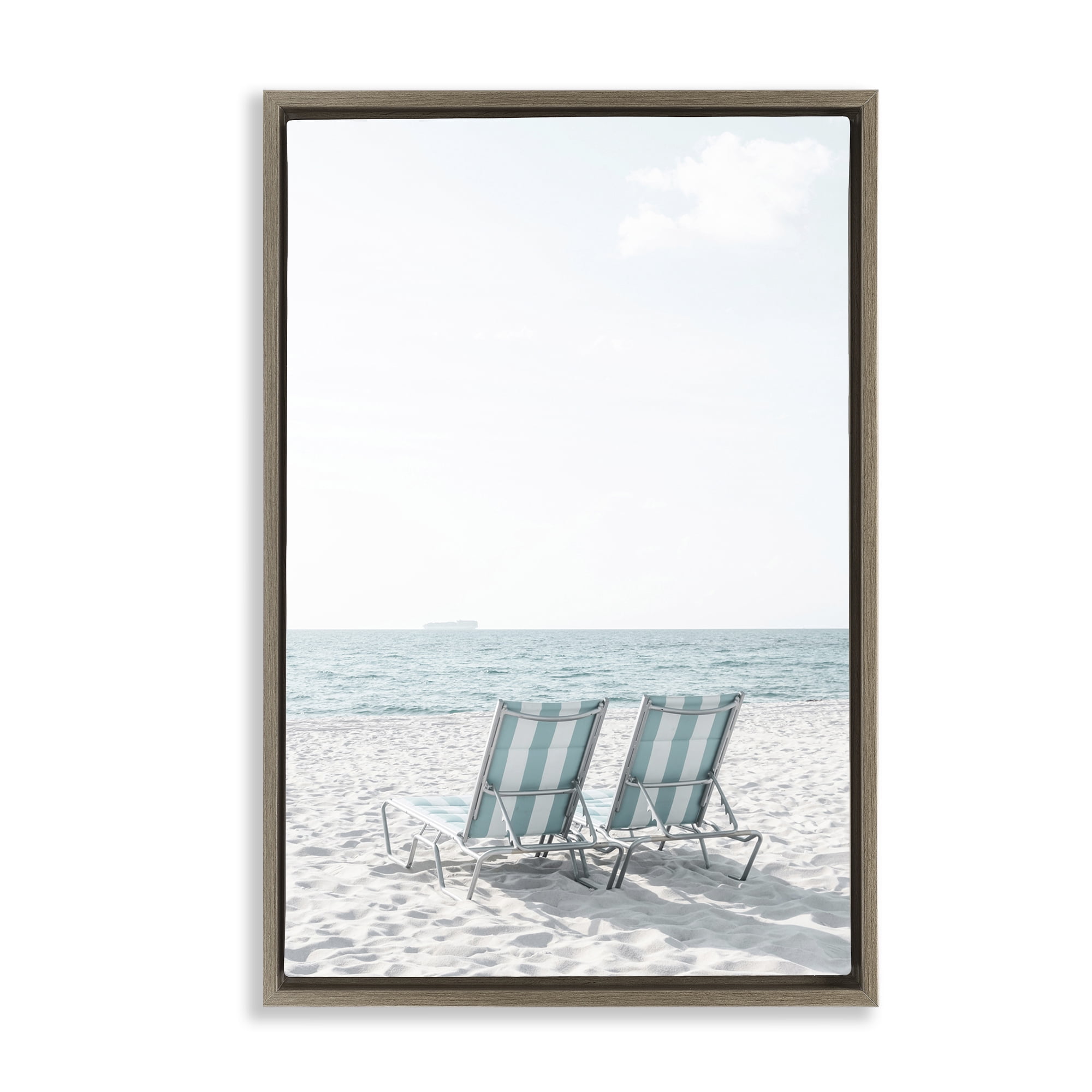 Stupell Industries Soothing Blue Beach Chairs Nautical & Beach Photography Brown Floater Framed Canvas Art Print Wall Art, 17 x 25