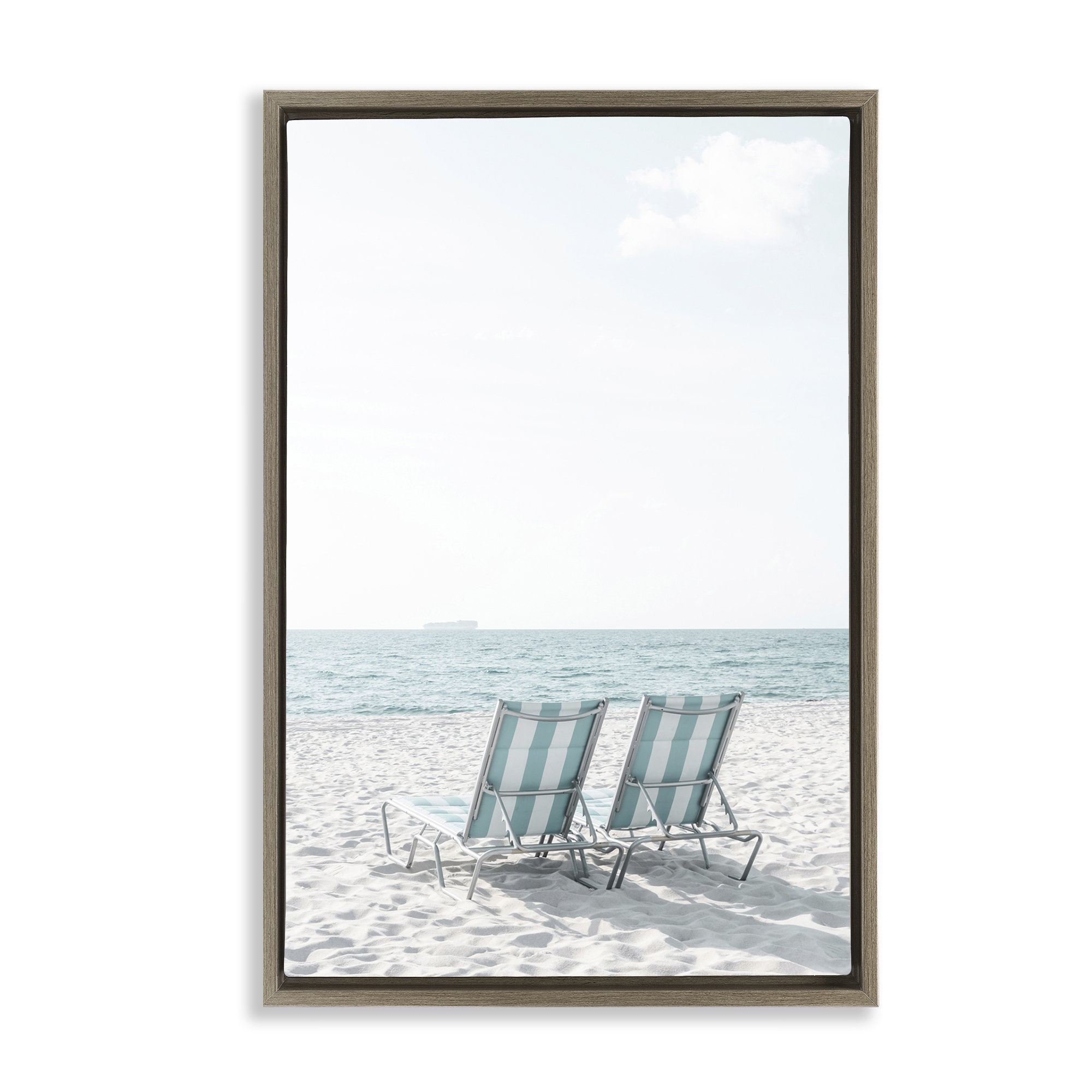 Stupell Industries Soothing Blue Beach Chairs Nautical & Beach Photography Brown Floater Framed Canvas Art Print Wall Art, 21 x 31