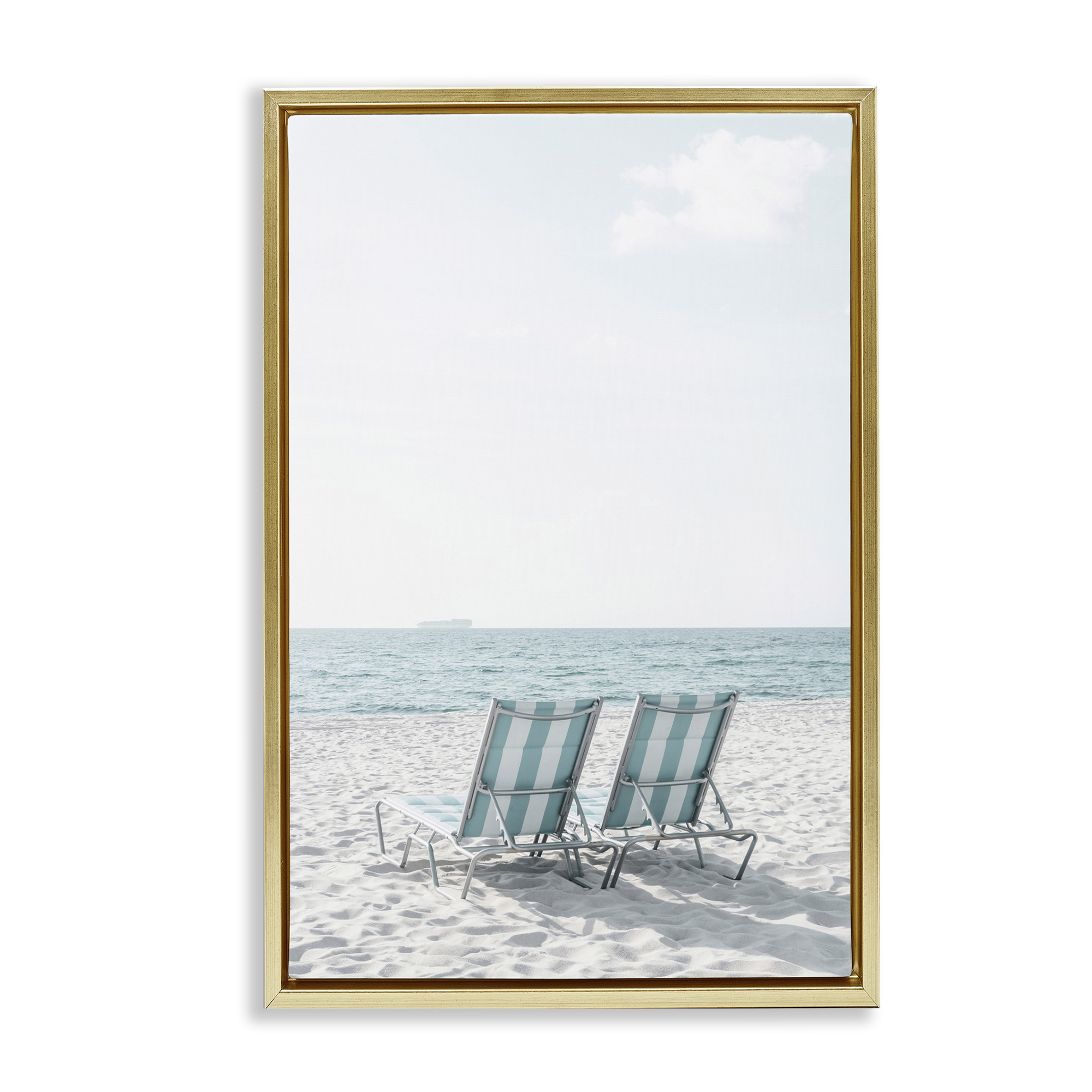 Stupell Industries Soothing Blue Beach Chairs Nautical & Beach Photography Gold Floater Framed Canvas Art Print Wall Art, 17 x 25