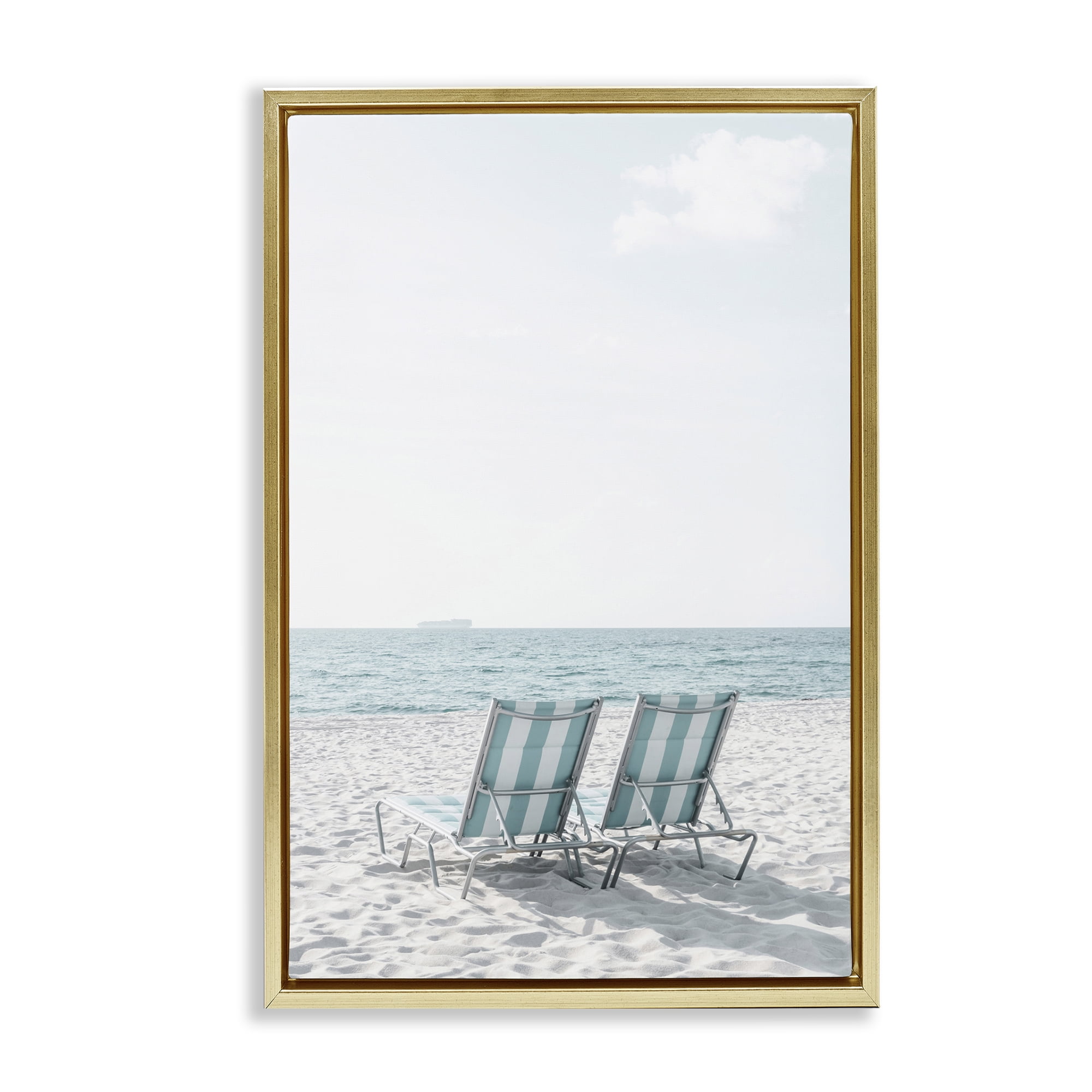 Stupell Industries Soothing Blue Beach Chairs Nautical & Beach Photography Gold Floater Framed Canvas Art Print Wall Art, 21 x 31