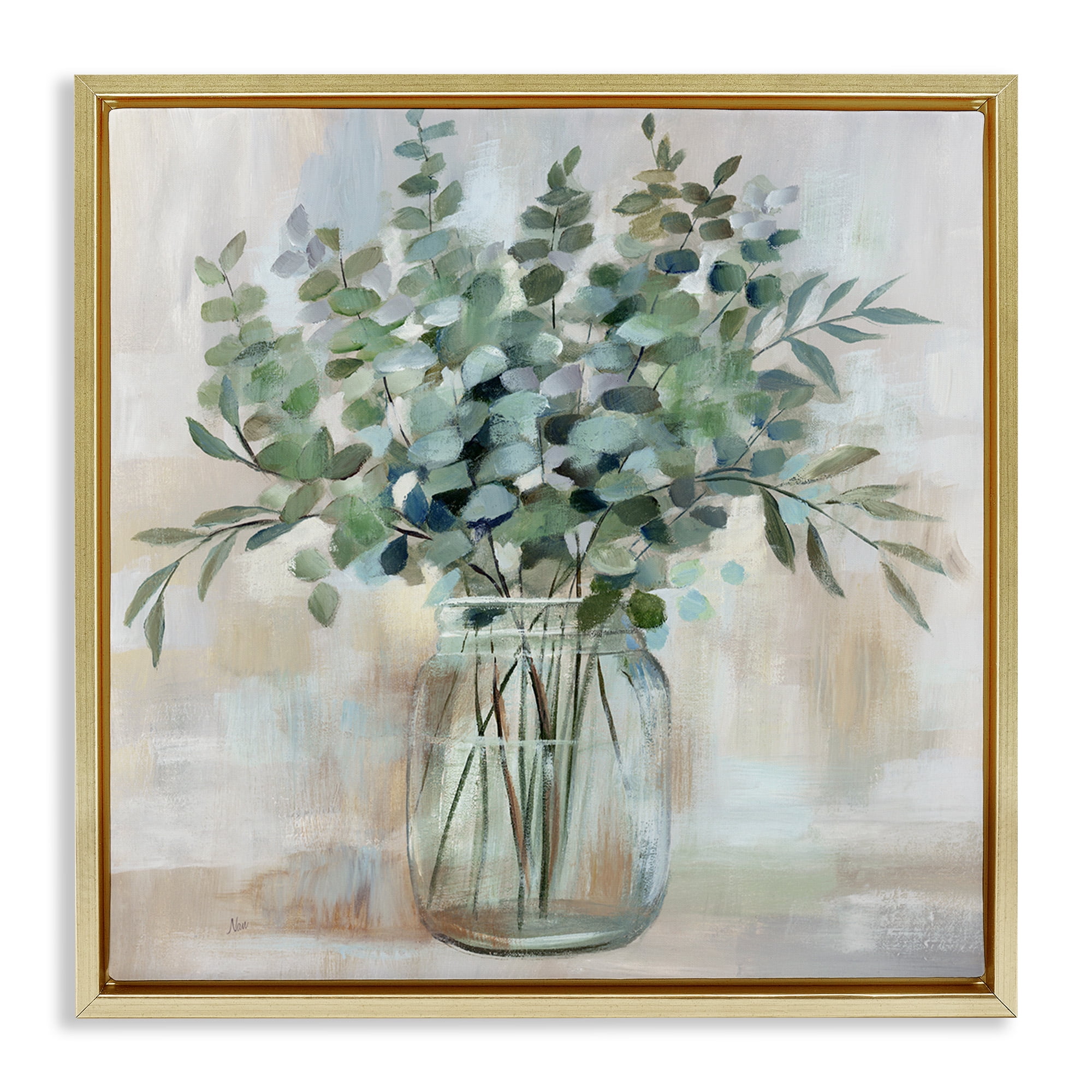 Stupell Industries Soothing Eucalyptus Herb Arrangement Botanical & Floral Painting Gold Floater Framed Canvas Art Print Wall Art, 18 x 18