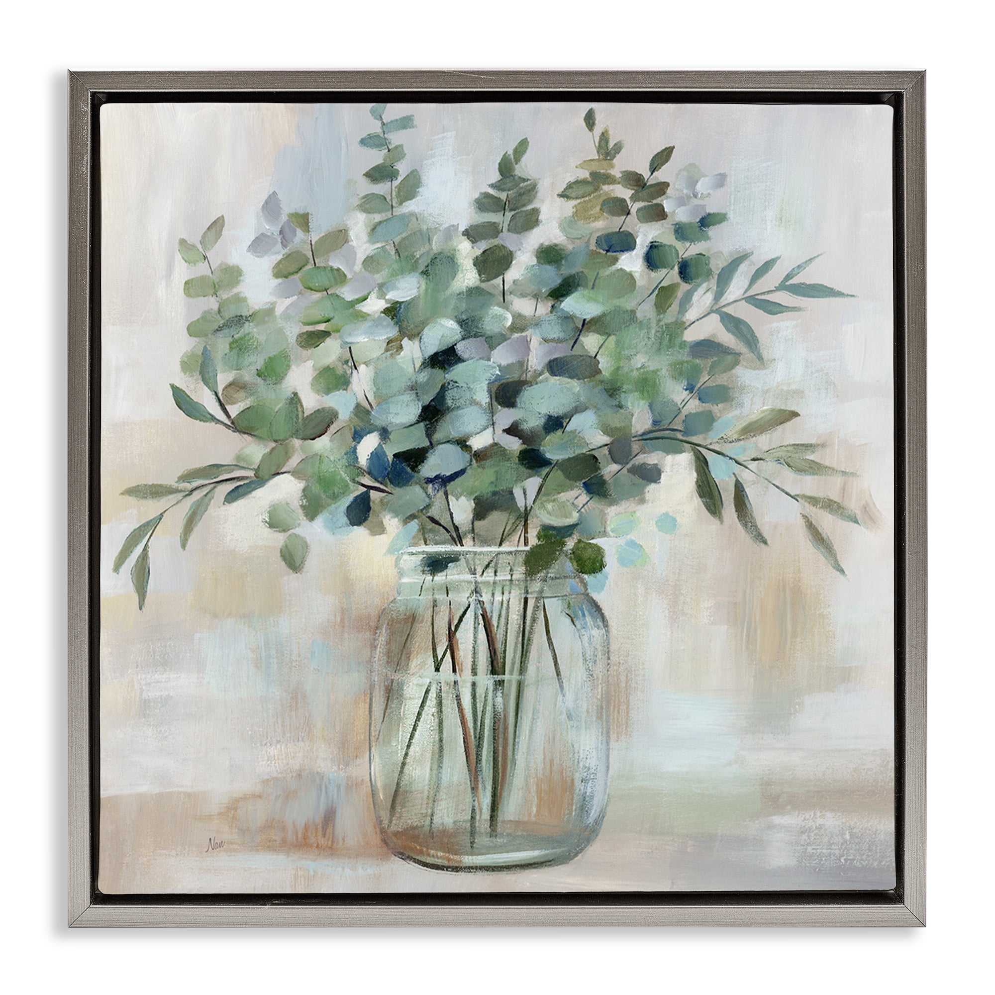 Stupell Industries Soothing Eucalyptus Herb Arrangement Botanical & Floral Painting Gray Floater Framed Canvas Art Print Wall Art, 25 x 25