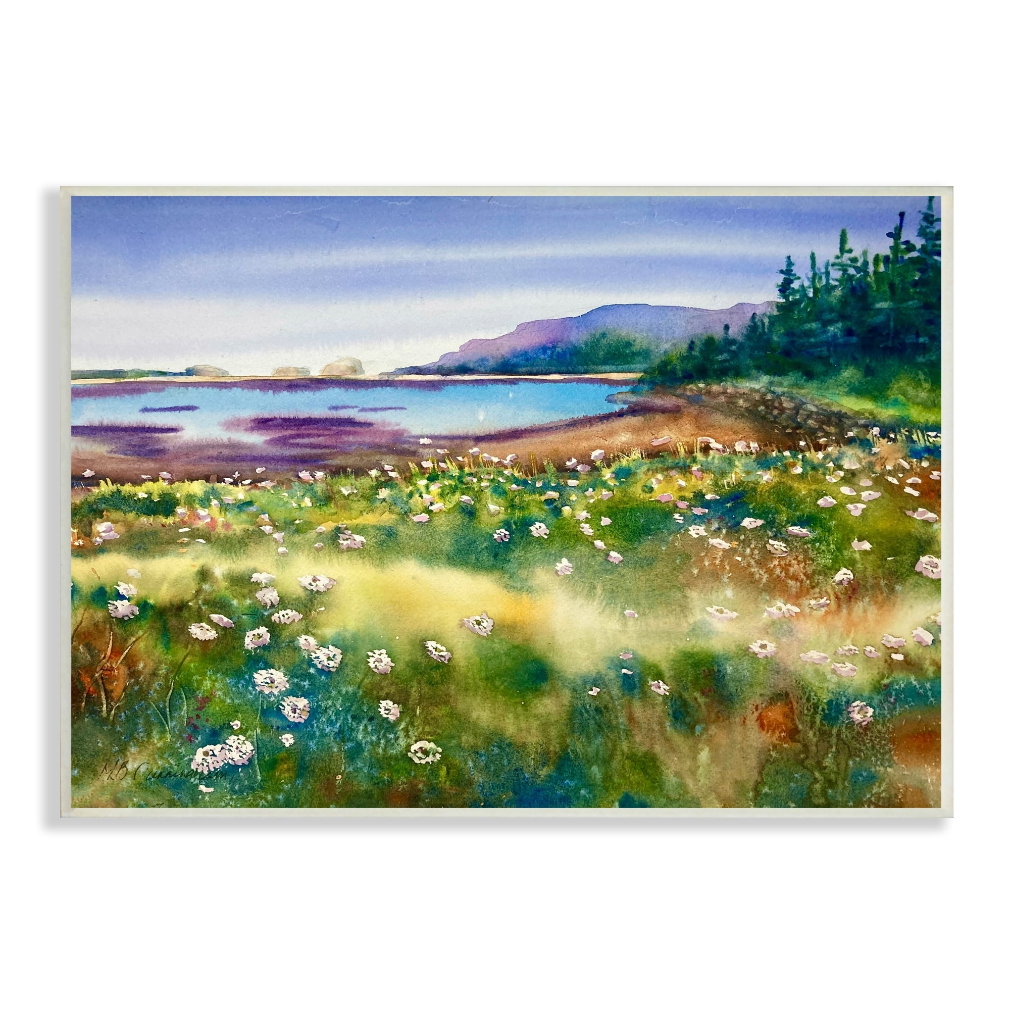Stupell Industries Soothing Pond View Flower Field Distant Mountains, 15 x 10, Design by MB Cunningham