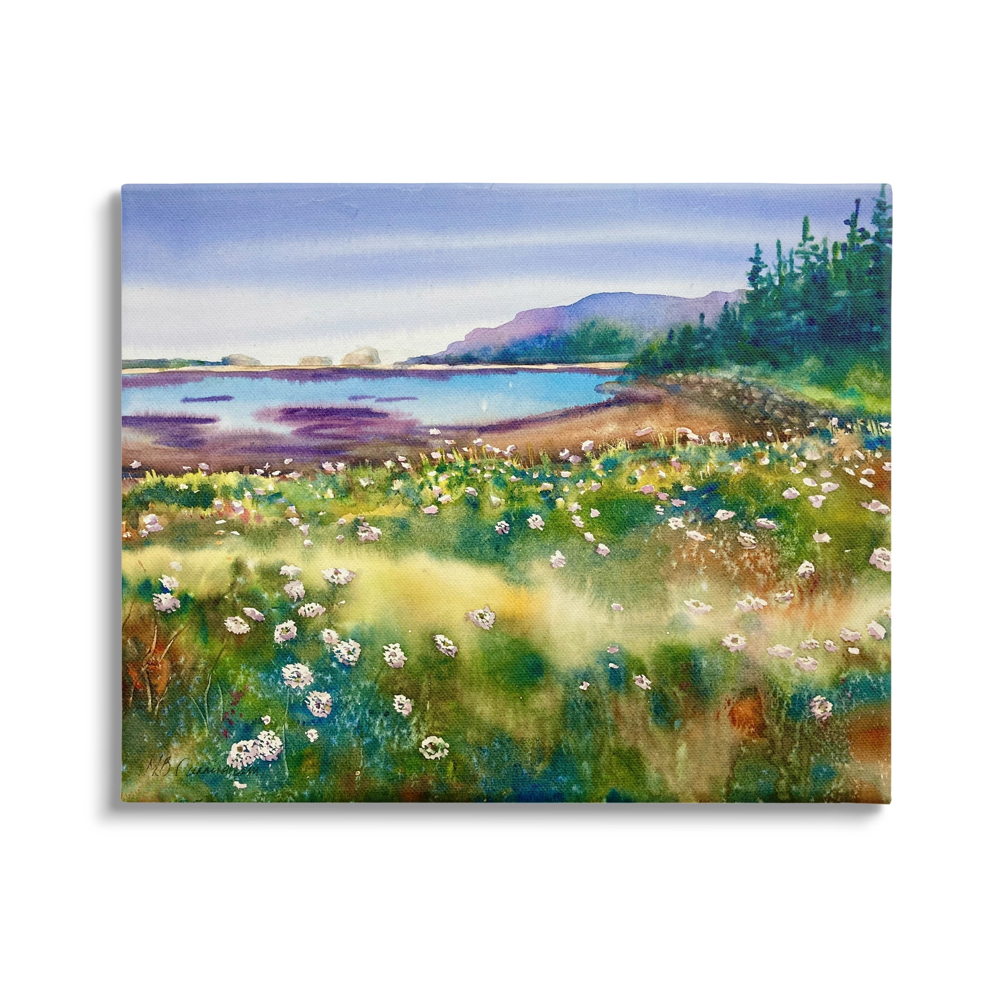 Stupell Industries Soothing Pond View Flower Field Distant Mountains, 20 x 16, Design by MB Cunningham