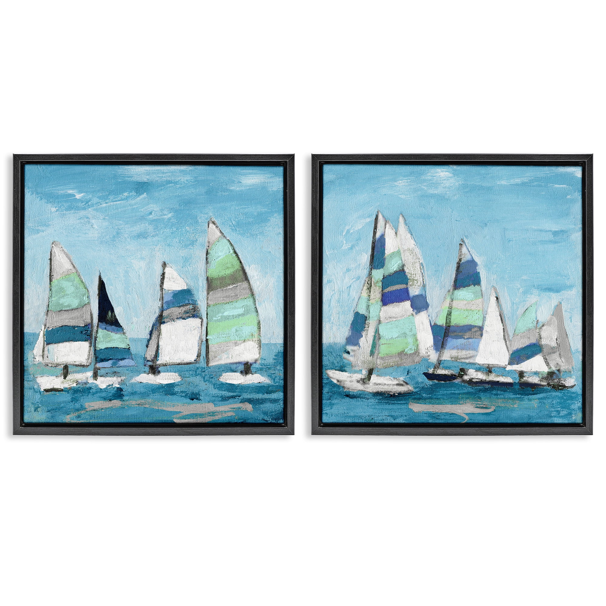 Stupell Industries Soothing Sailboats Drifting Marina Nature Painting Black Floater Framed Canvas Art Print Wall Art, 18 x 18, Set of 2