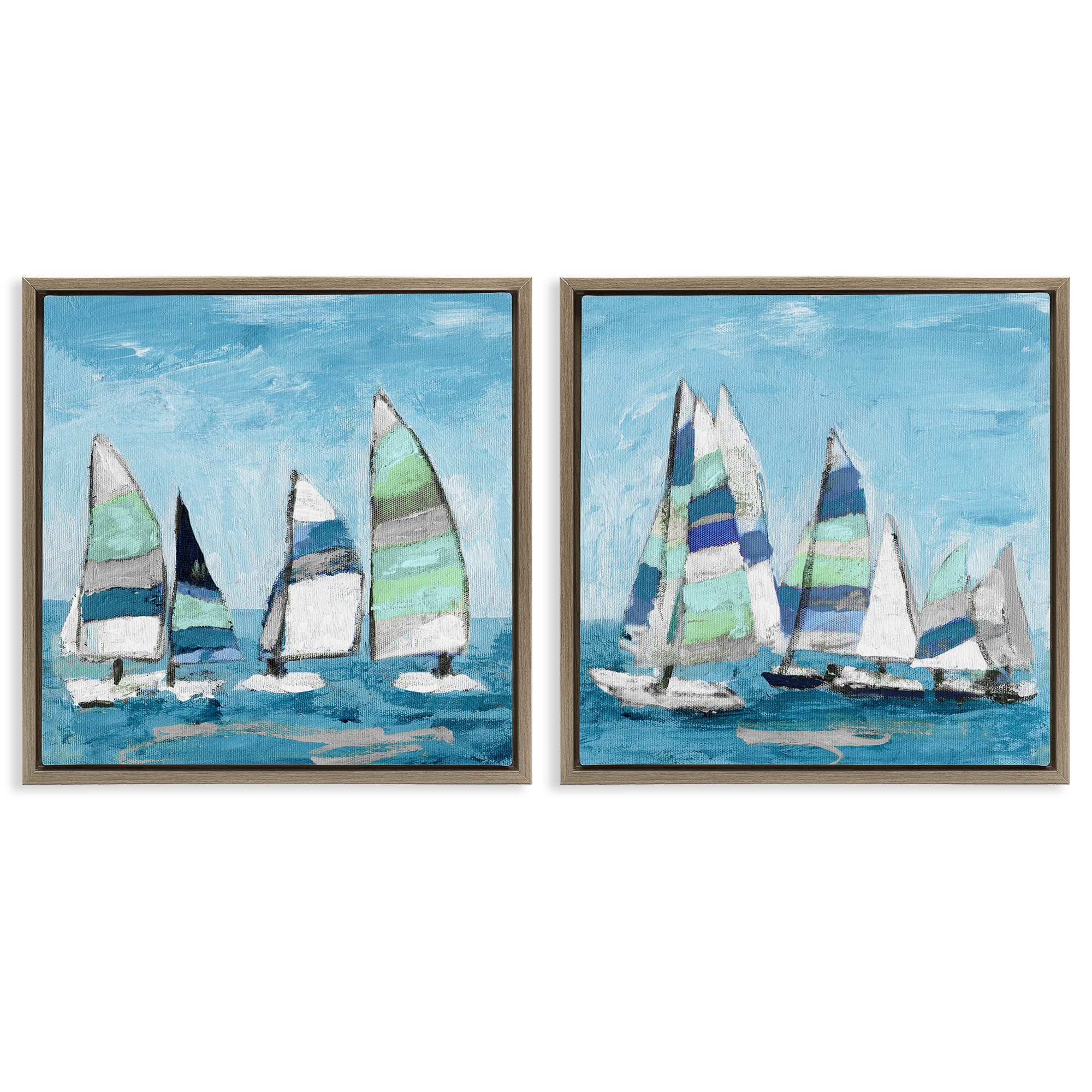 Stupell Industries Soothing Sailboats Drifting Marina Nature Painting Brown Floater Framed Canvas Art Print Wall Art, 18 x 18, Set of 2