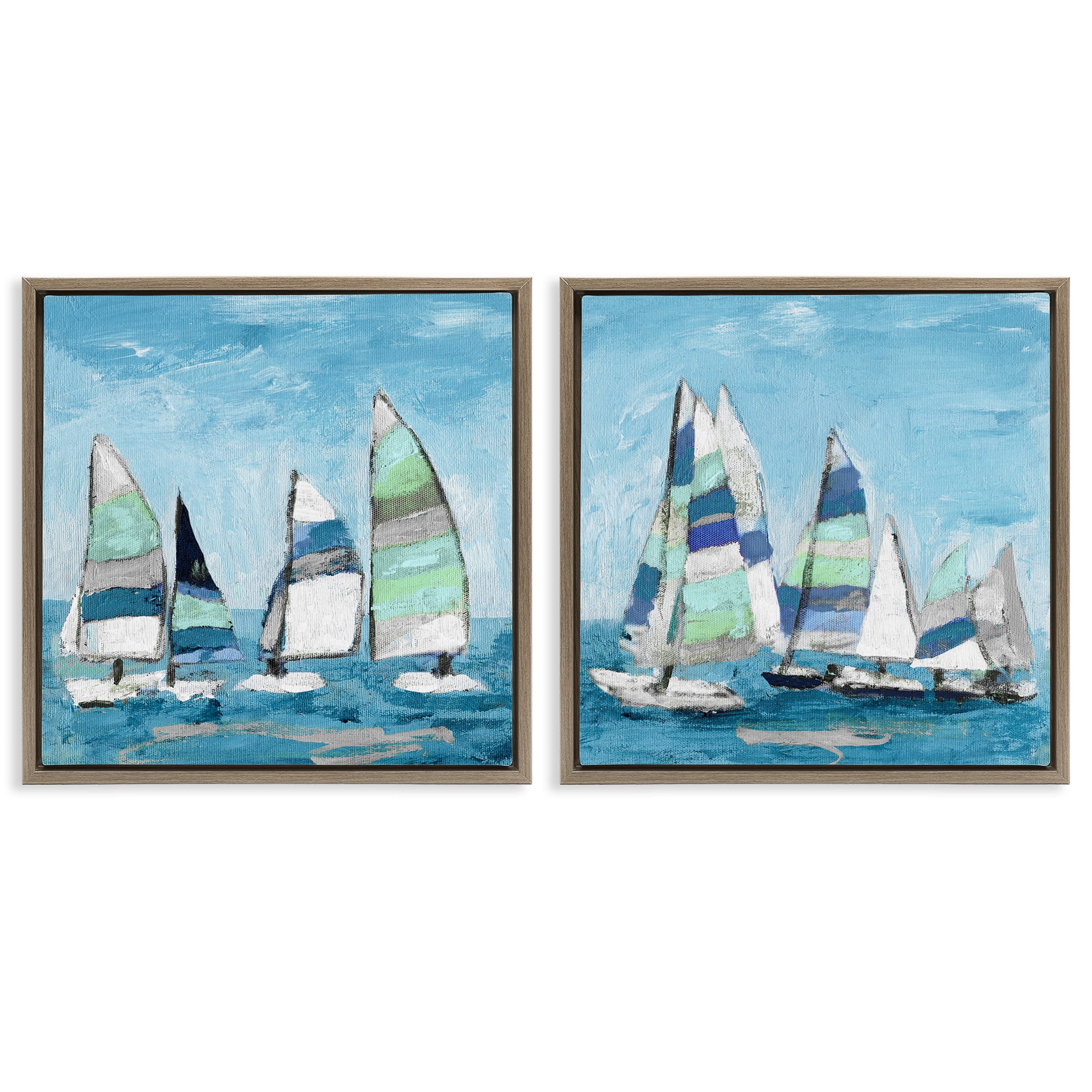 Stupell Industries Soothing Sailboats Drifting Marina Nature Painting Brown Floater Framed Canvas Art Print Wall Art, 25 x 25, Set of 2