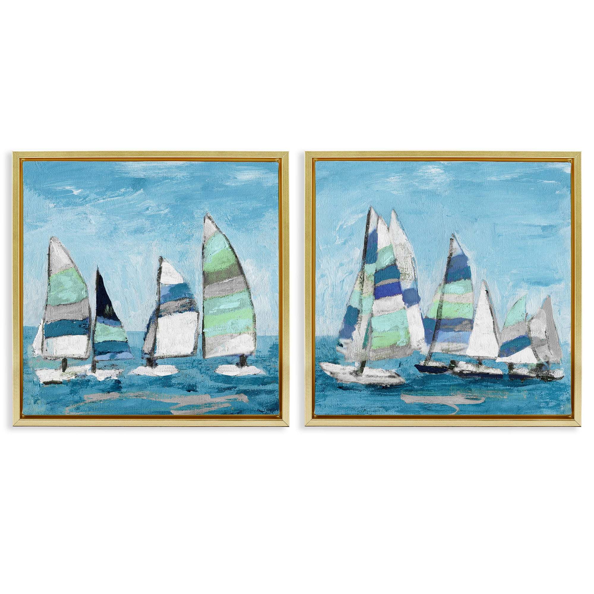 Stupell Industries Soothing Sailboats Drifting Marina Nature Painting Gold Floater Framed Canvas Art Print Wall Art, 25 x 25, Set of 2
