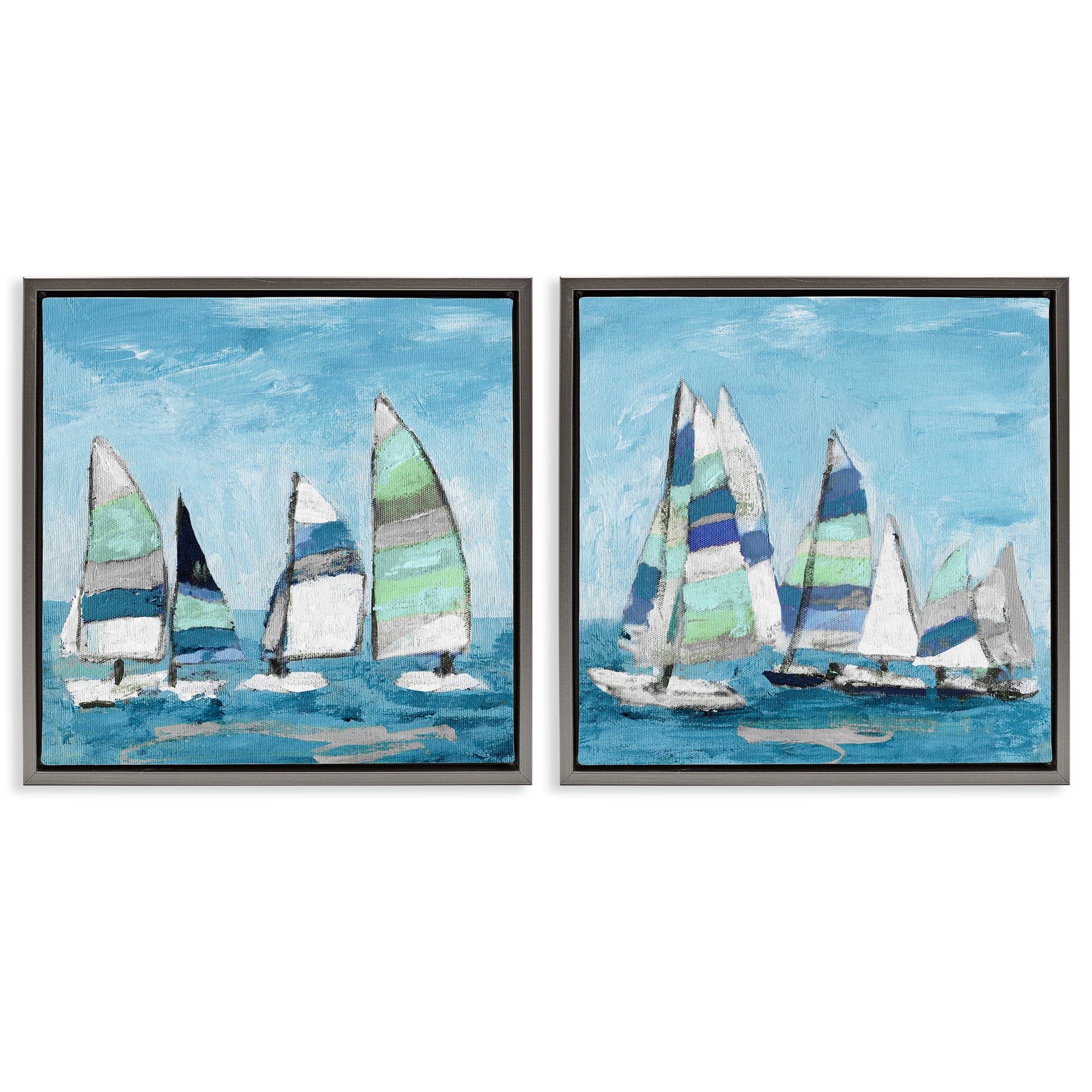 Stupell Industries Soothing Sailboats Drifting Marina Nature Painting Gray Floater Framed Canvas Art Print Wall Art, 25 x 25, Set of 2